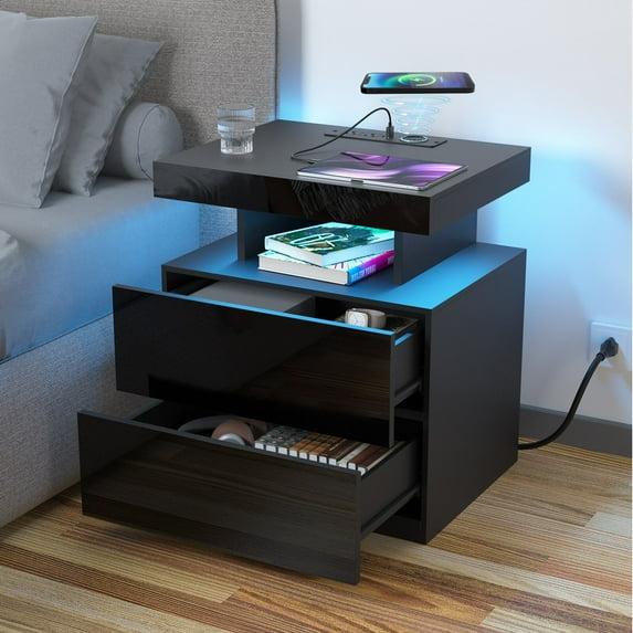 Black Nightstand with Wireless Charging Station and LED Lights, Bedside Table with 2 Drawers, Open Storage, 1 Pull-Out Tray, End Side Table with Storage