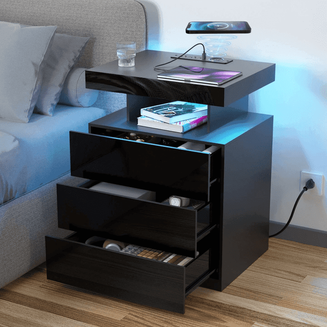 Hommpa LED Nightstand Wireless Charging Station USB Type C Outlets Bedside Table 3 Drawers White Night Table Modern Smart Nightstand High Gloss End Side Table for Bedroom Furniture 26.8" Tall