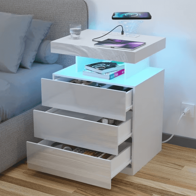 Hommpa LED Nightstand Wireless Charging Station USB Type C Outlets Bedside Table 3 Drawers White Night Table Modern Smart Nightstand High Gloss End Side Table for Bedroom Furniture 26.8" Tall
