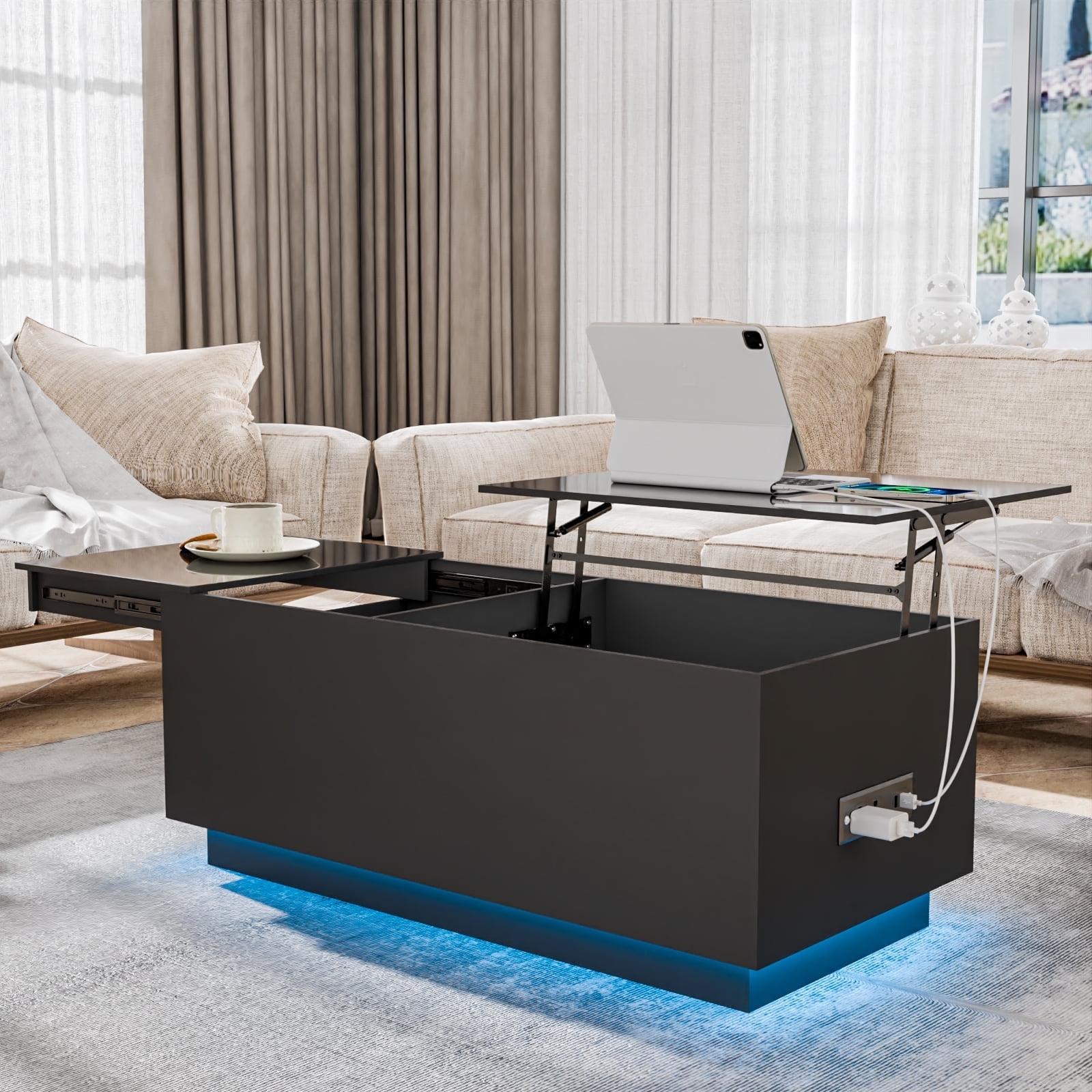 Hommpa LED Coffee Table with USB Ports and Outlets Lift Top Coffee Tables with Storage High Gloss Black Rectangular Modern Center Table for Living Dining Room