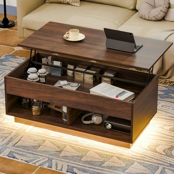 Hommpa Lift Top Coffee Table with Hidden Compartment LED Coffee Tables Dark Walnut Center Rising Cocktail Table for Living Room Accent Furniture