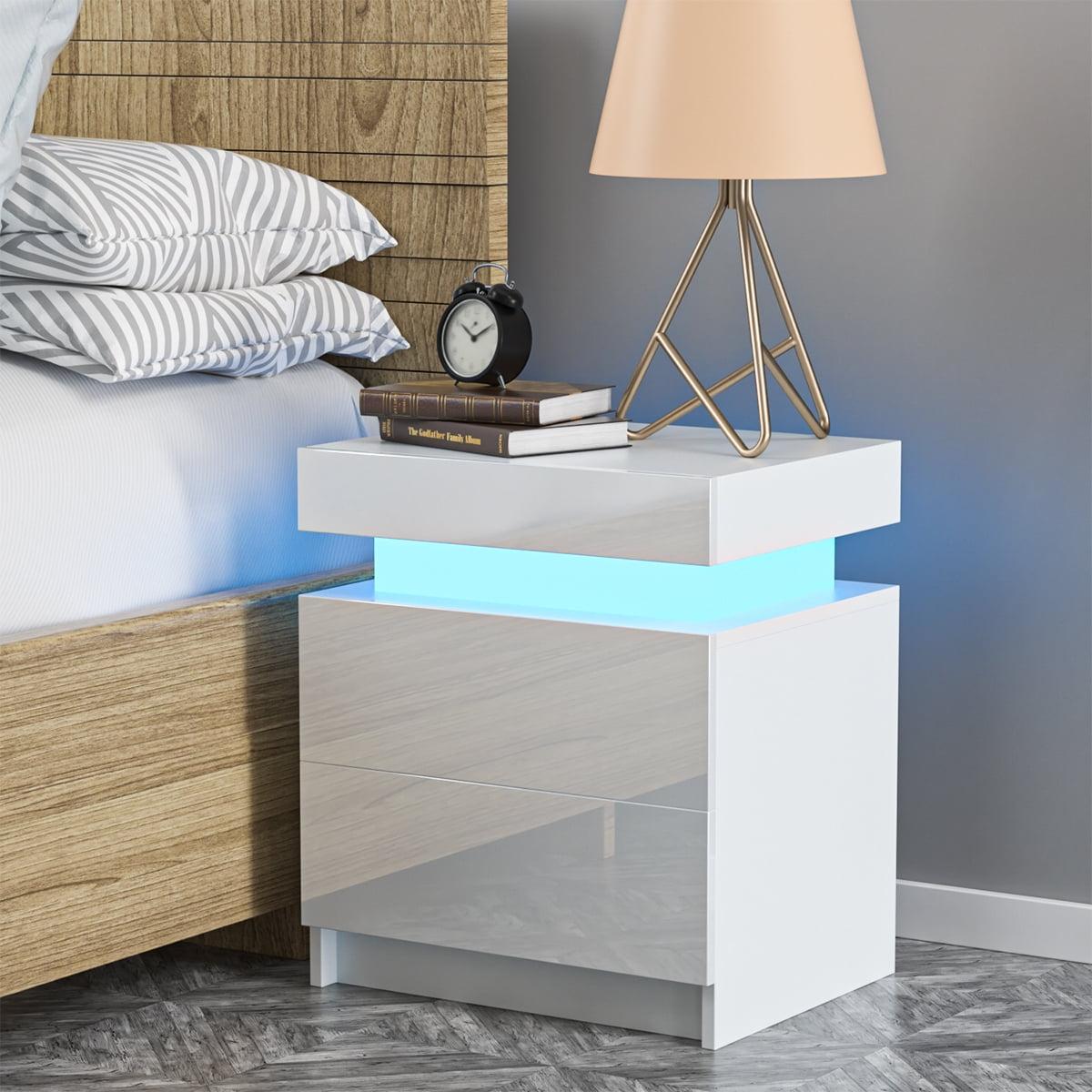 Litake LED Nightstand Modern Nightstand With Led Lights Wood Led Bedside Table Particle Board LED Nightstand With 2 High Gloss Drawers For Bedroom