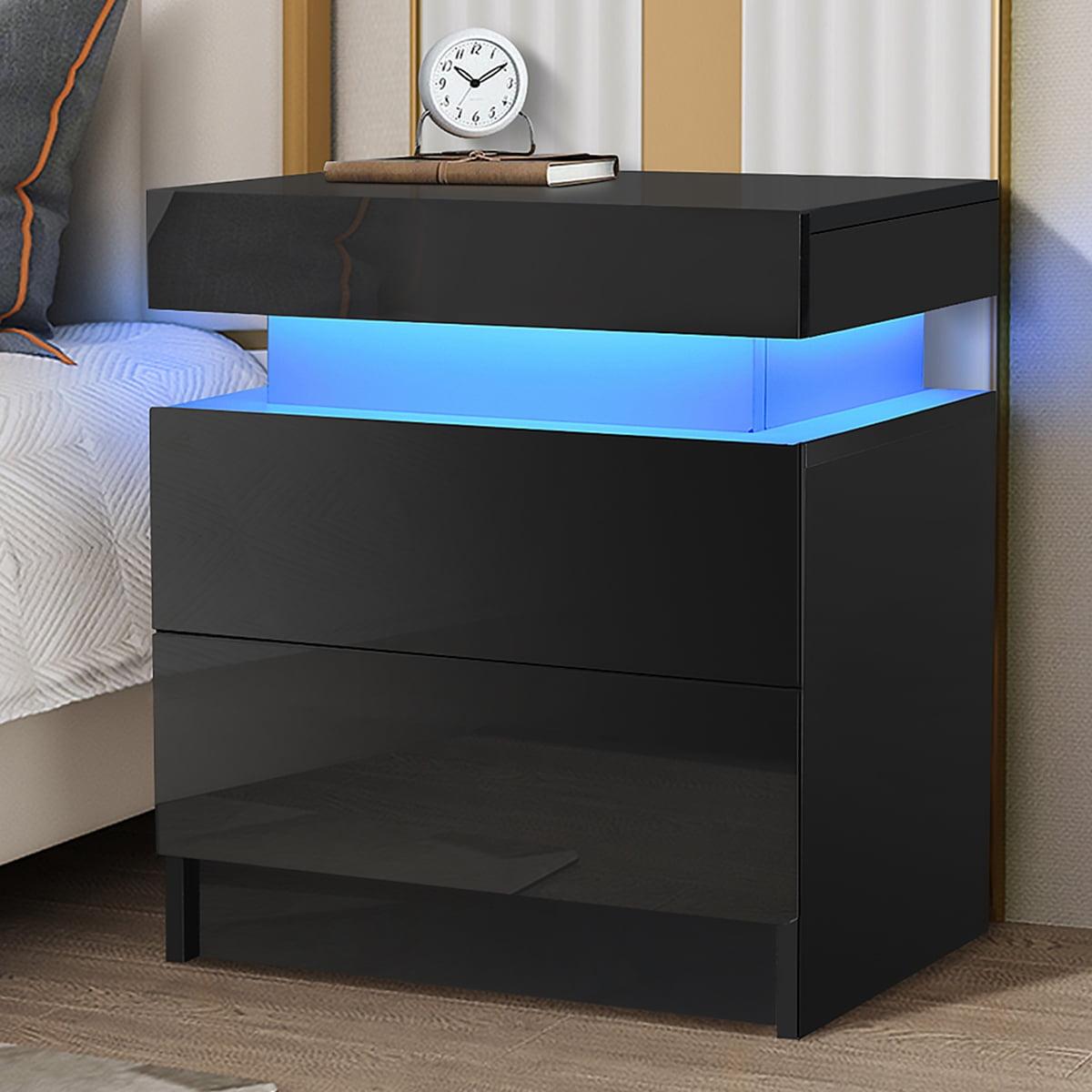 Black High Gloss LED Nightstand with 2 Drawers