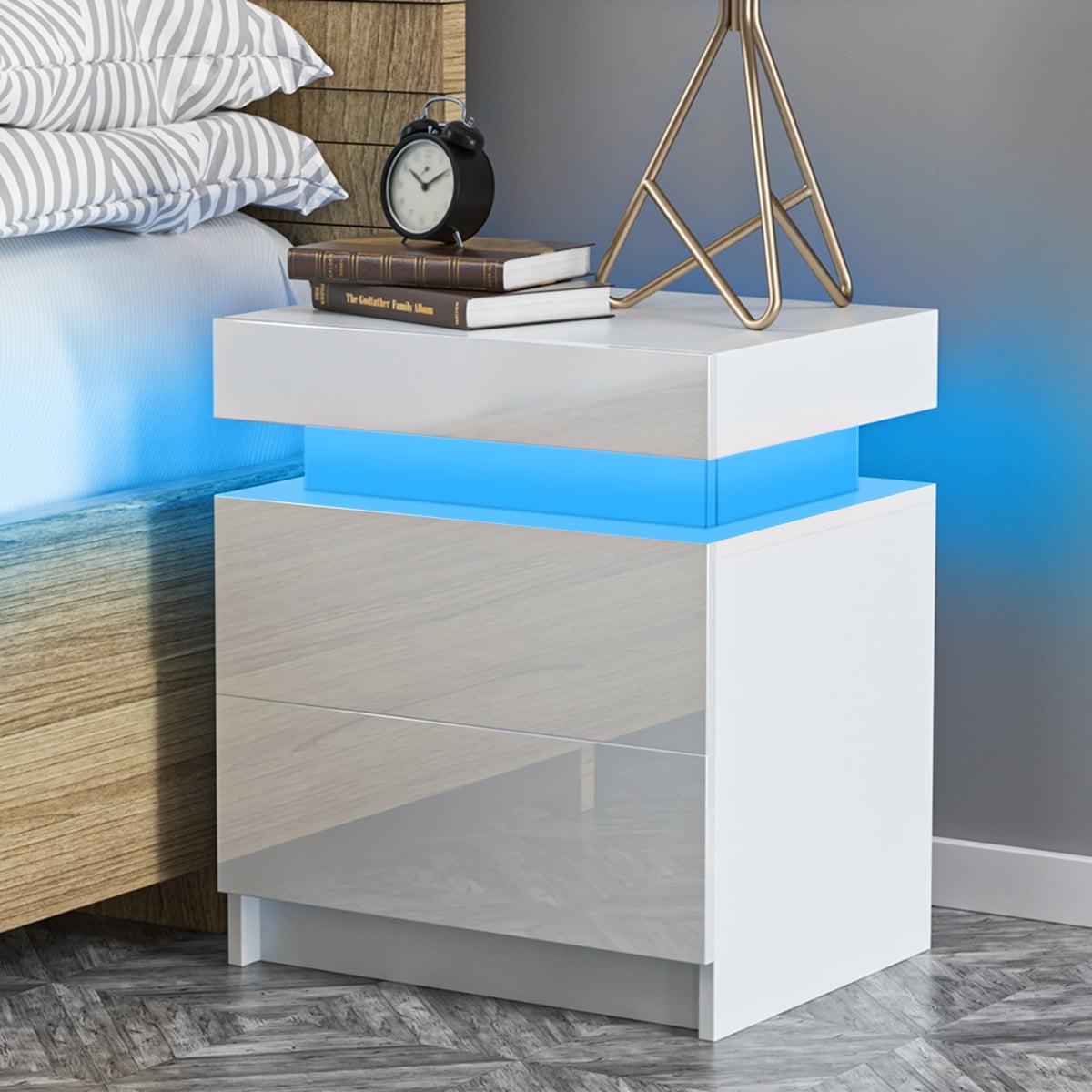 Litake LED Nightstand Modern Nightstand With Led Lights Wood Led Bedside Table Particle Board LED Nightstand With 2 High Gloss Drawers For Bedroom