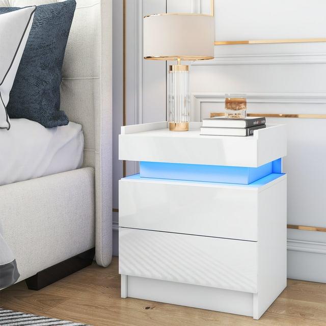 Hommpa High Gloss Tall 2 Drawer Nightstand LED Bedside Table Cabinet Bedroom Furniture White