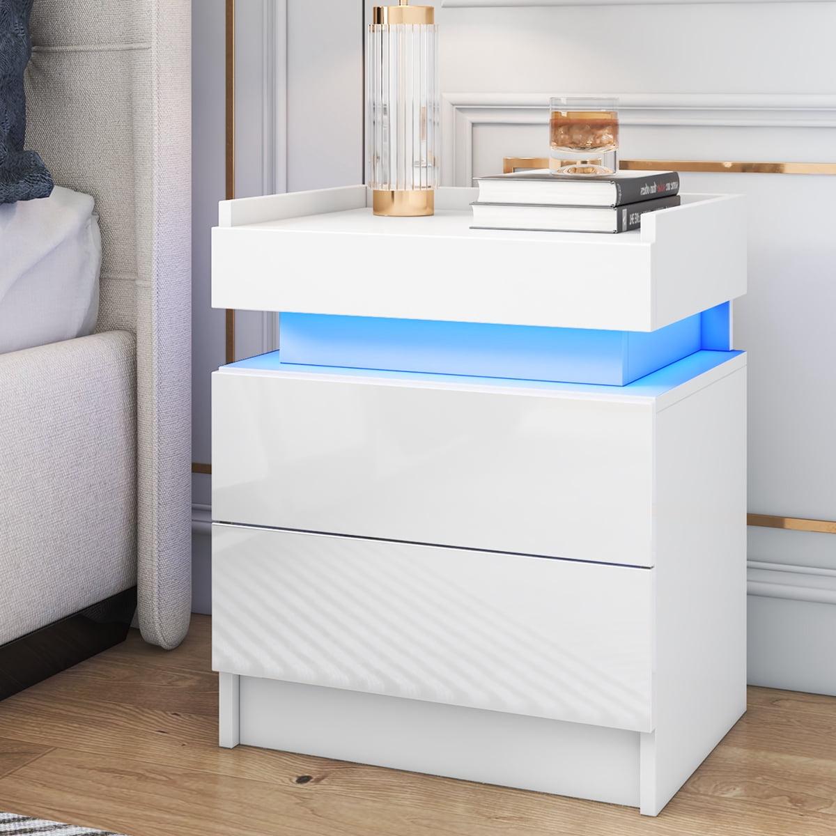 White High Gloss LED 2-Drawer Nightstand with Charging Ports