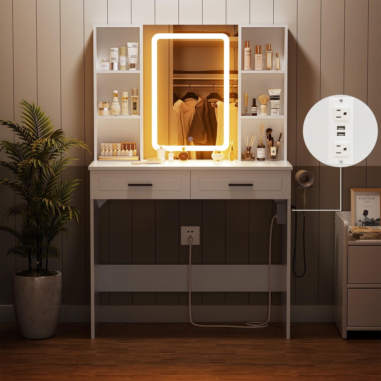 Hommpa Vanity Set with Mirror, Girls Makeup Vanity with  LED Lights, White Vanity Desk with Drawers, Vanity Table with Charging Station for Women Bedroom Storage