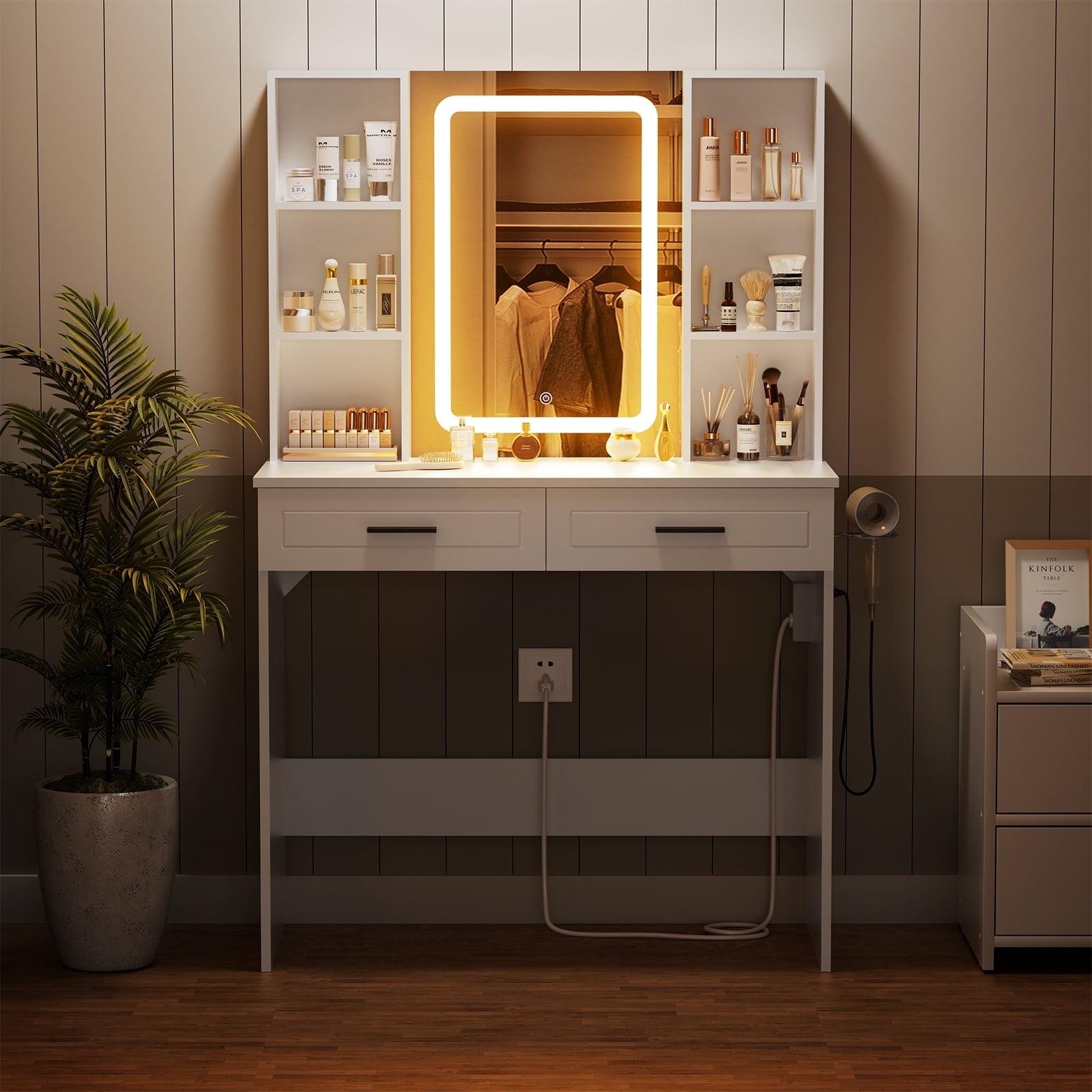 Hommpa Vanity Set with Mirror, Girls Makeup Vanity with  LED Lights, White Vanity Desk with Drawers, Vanity Table with Charging Station for Women Bedroom Storage