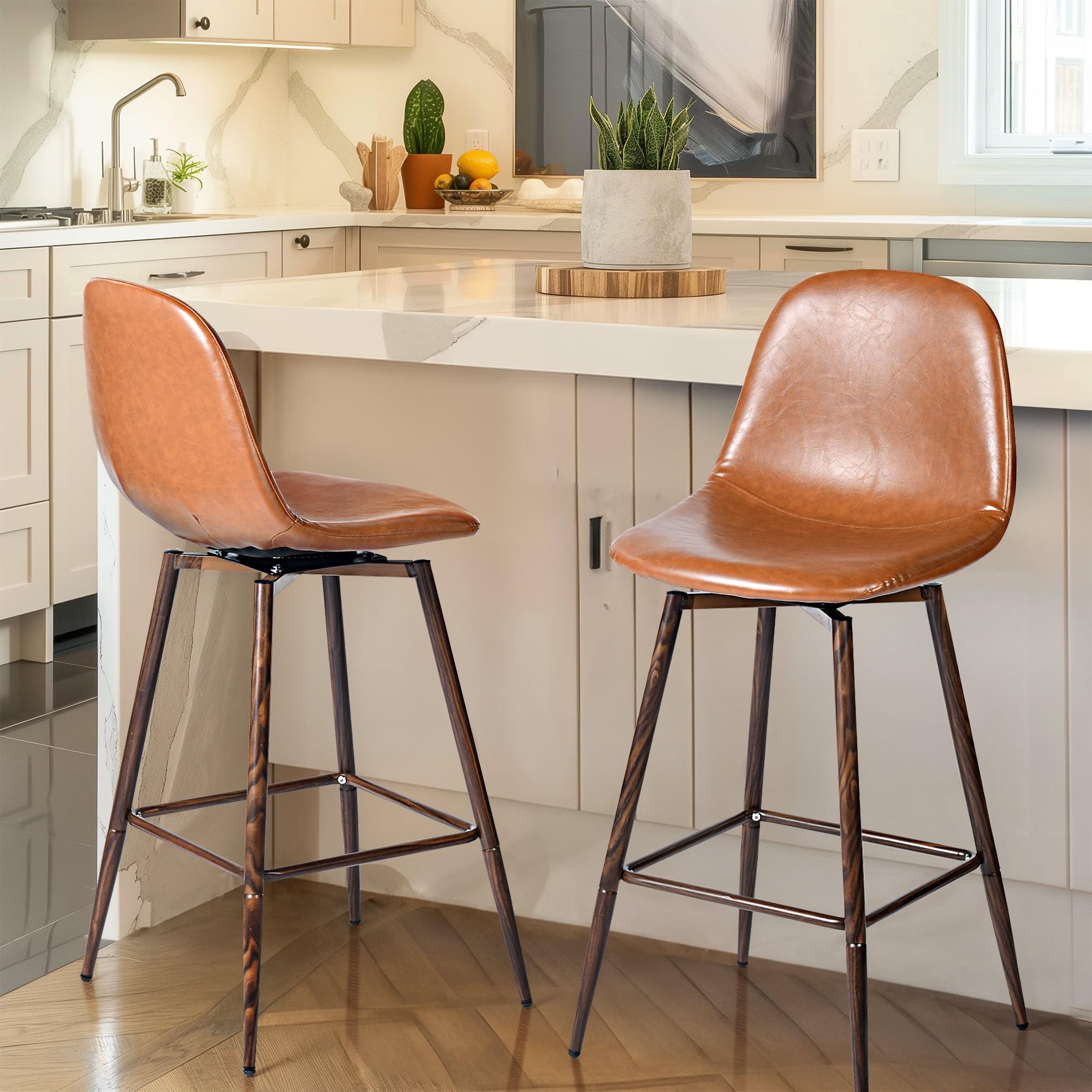 Caramel Brown Faux Leather 26" Swivel Counter Stools with Metal Legs, Set of 2