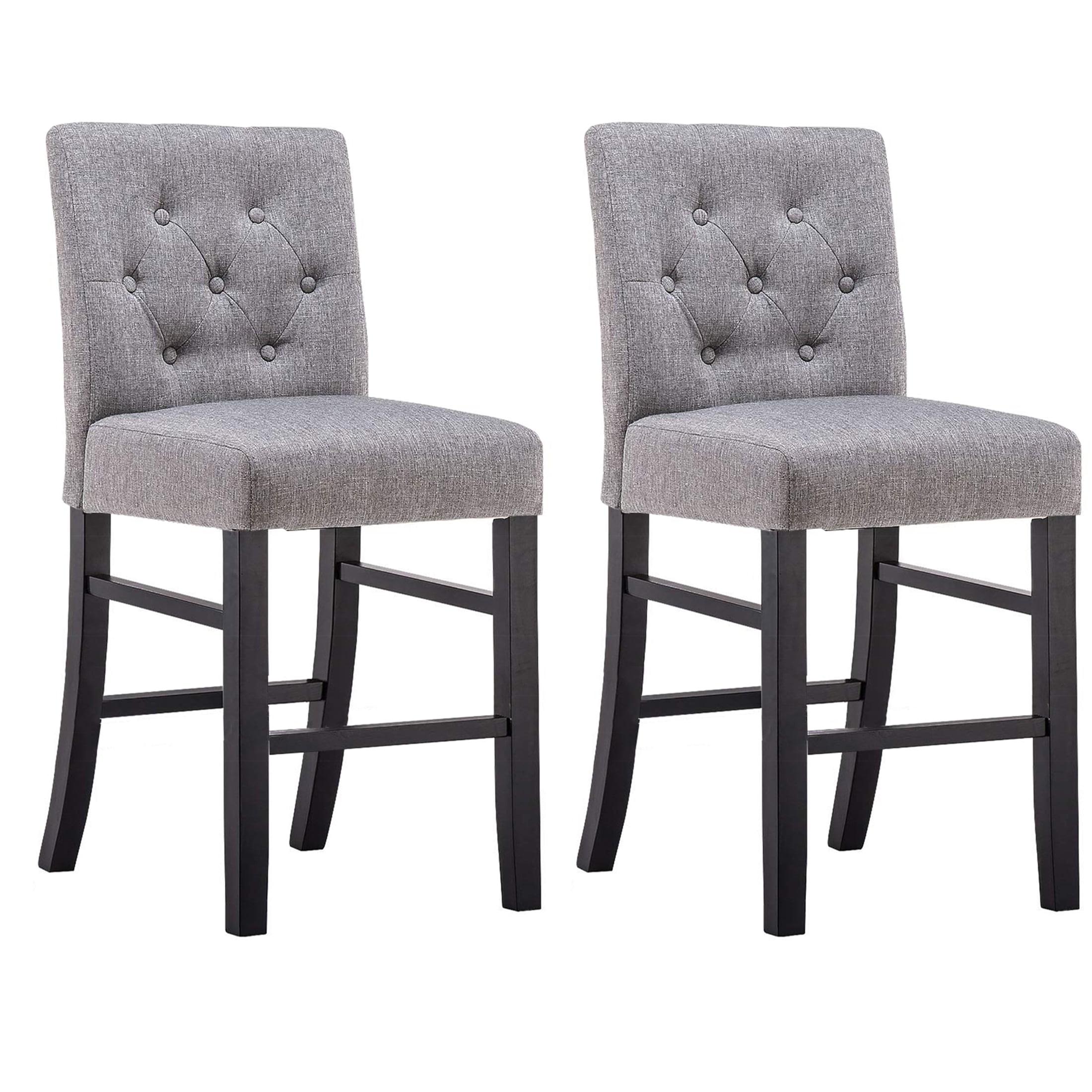 Drevy Bar Stools Set of 2, 24 inch Fabric Counter Height Bar Stools, Kitchen Island Wood Bar Chairs, Solid Wood Legs Barstools, Grey