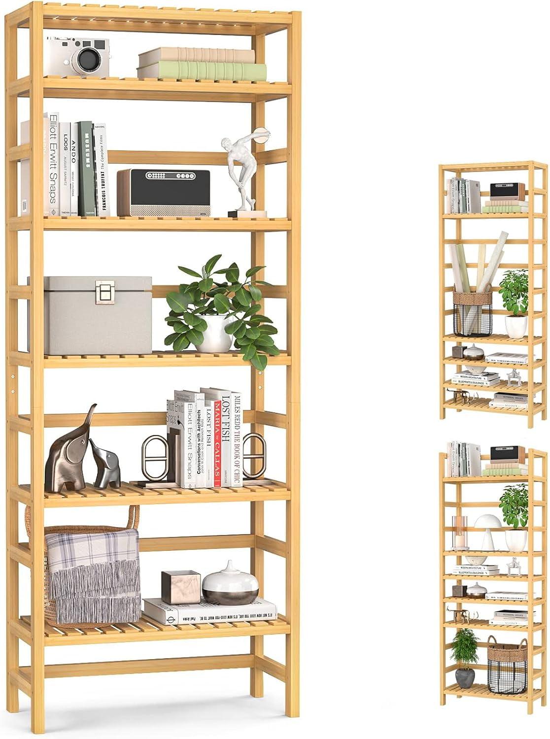 Adjustable 6-Tier Natural Bamboo Bookcase for Home Office