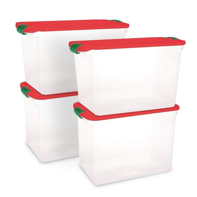 HOMZ 112-Quart Holiday Clear Plastic Ornament Storage, Red/Green, 4 Pack