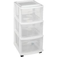 HOMZ Drawer Tower, 3-Tier Clear Plastic Storage Organizer Cart, White Frame - Heavy-Duty Organizing Drawers for Home, Bedroom, and Closet Organization