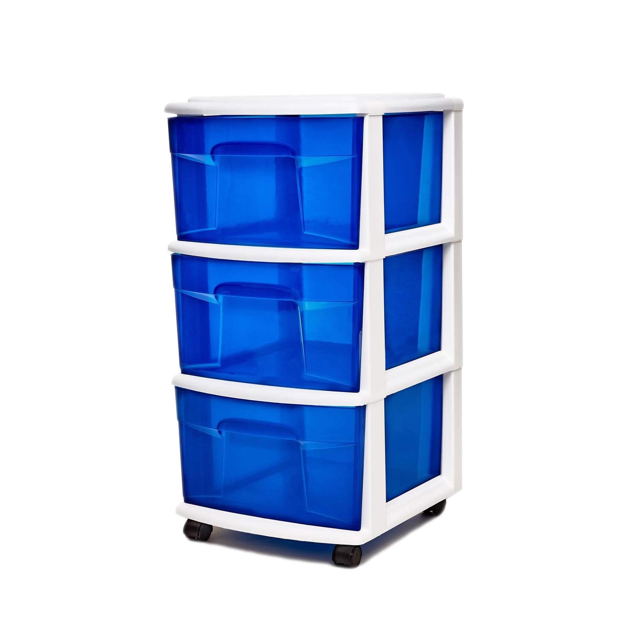 CLkPde Plastic 3 Drawer Medium Home Organization Storage Container Tower with 3 Large Blue Drawers and Removeable Caster Wheels, White Frame