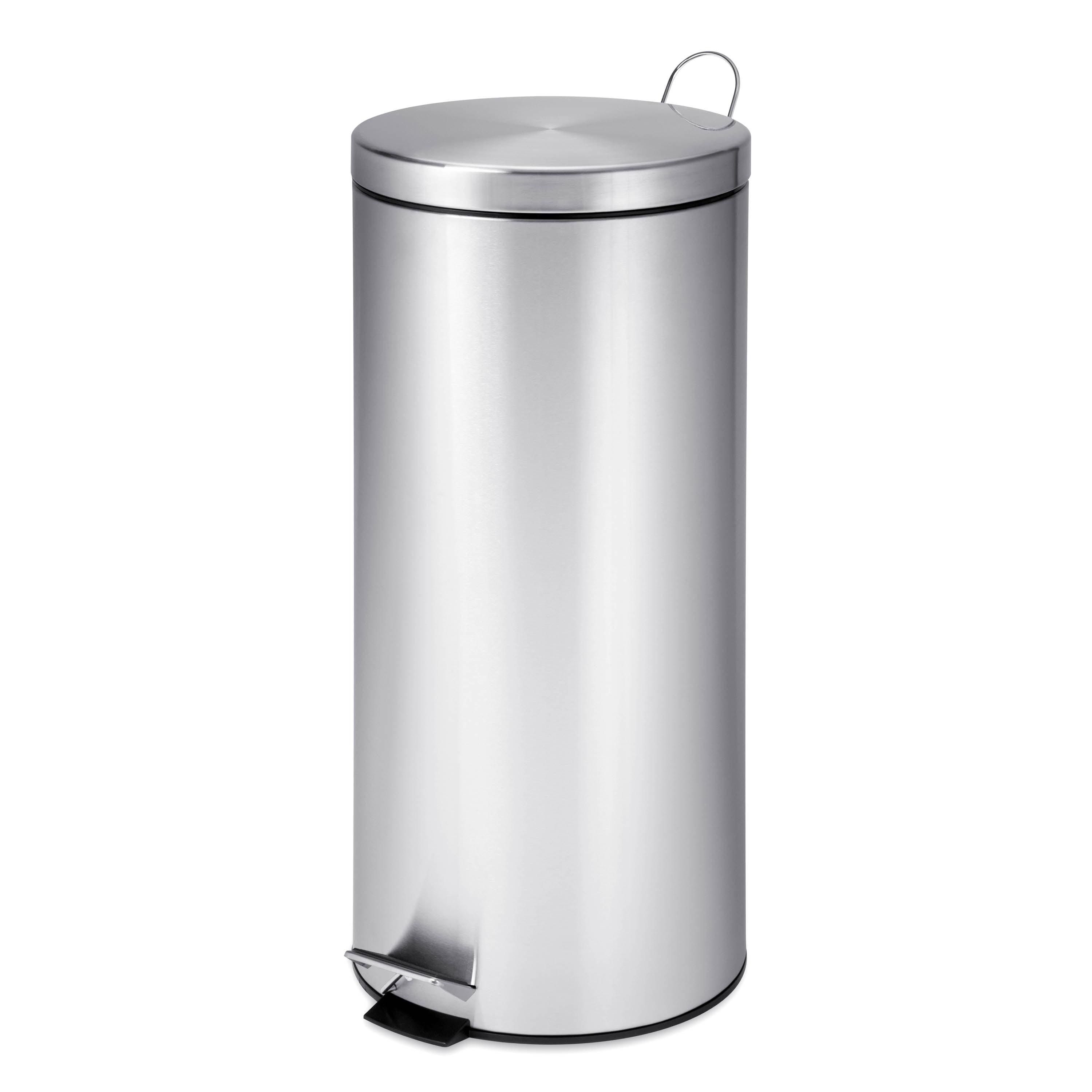 Silver Stainless Steel Round Pedal Trash Can with Liner, 7.9 Gallon