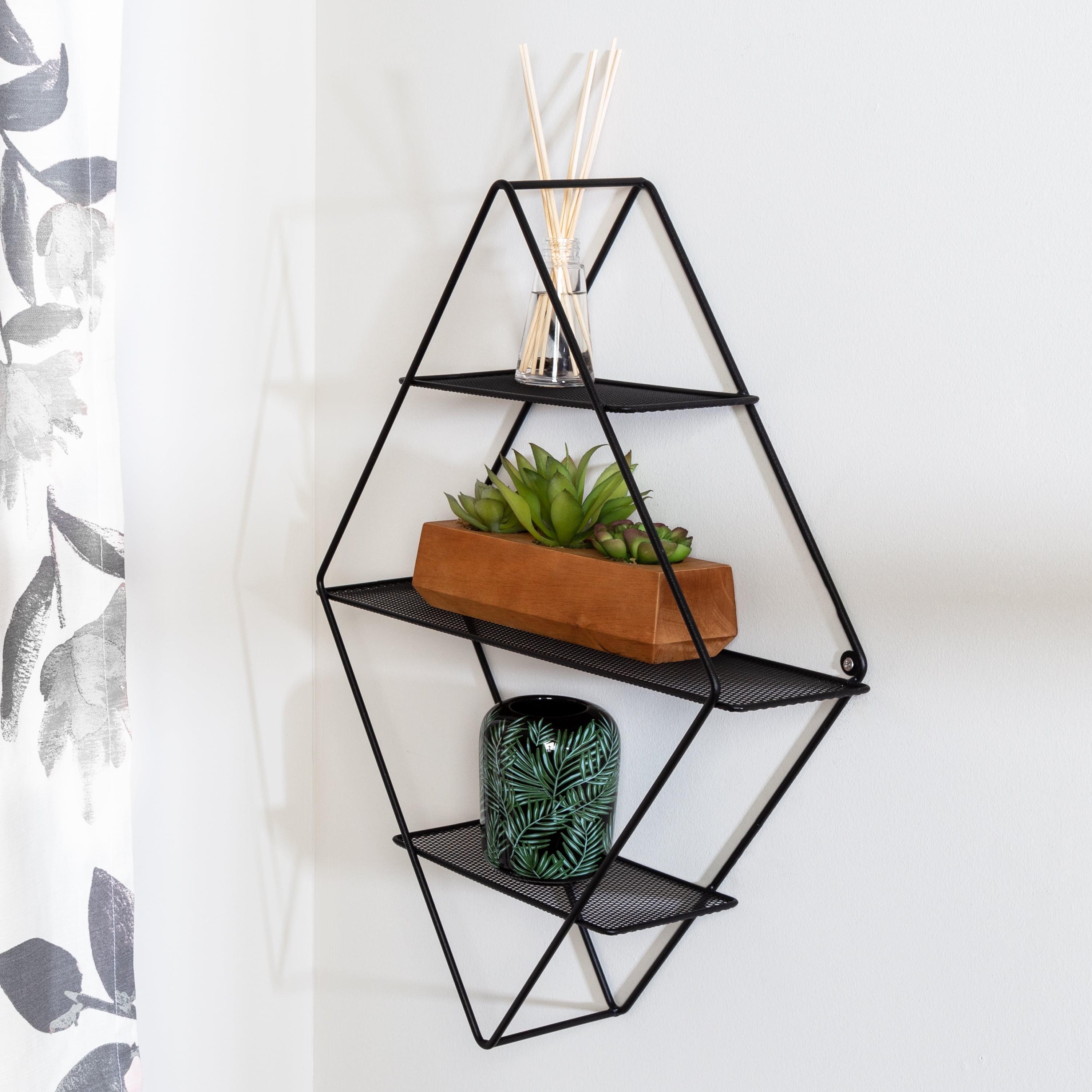 Honey-Can-Do Rhombus Metal Wall Shelf Black: Floating Decorative Hanging Shelves, Steel Frame, 3-Tier, 23.6" Height