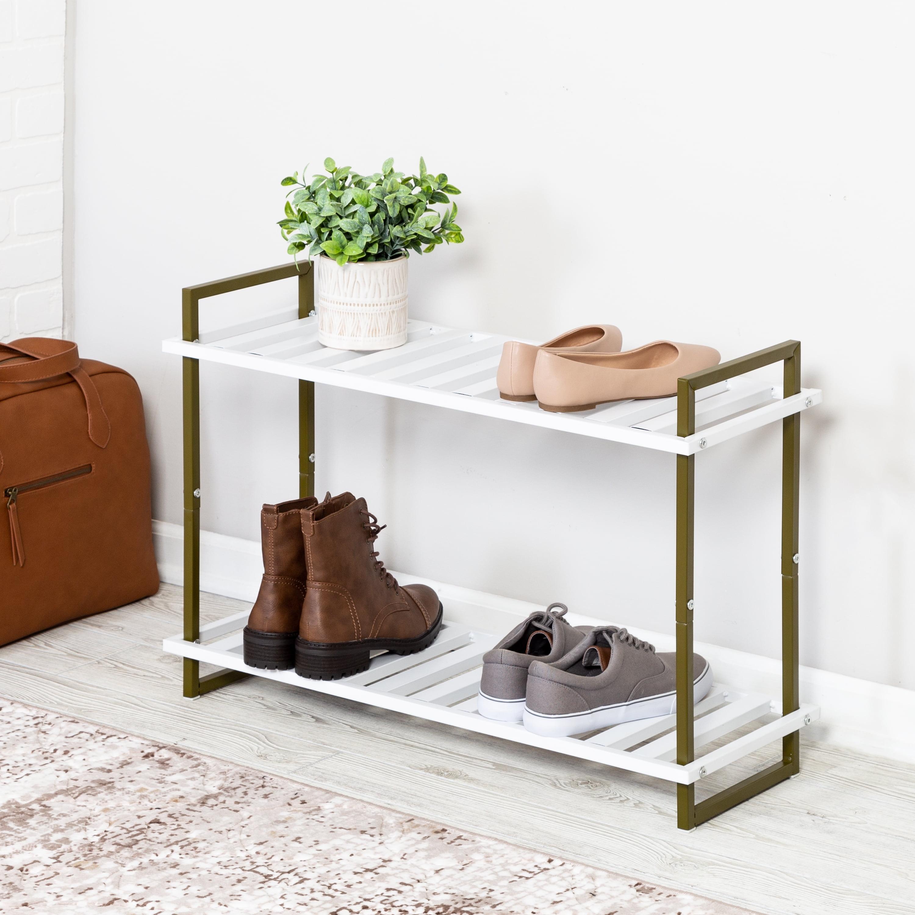 Olive and White 2-Tier Metal Shoe Rack for Entryway