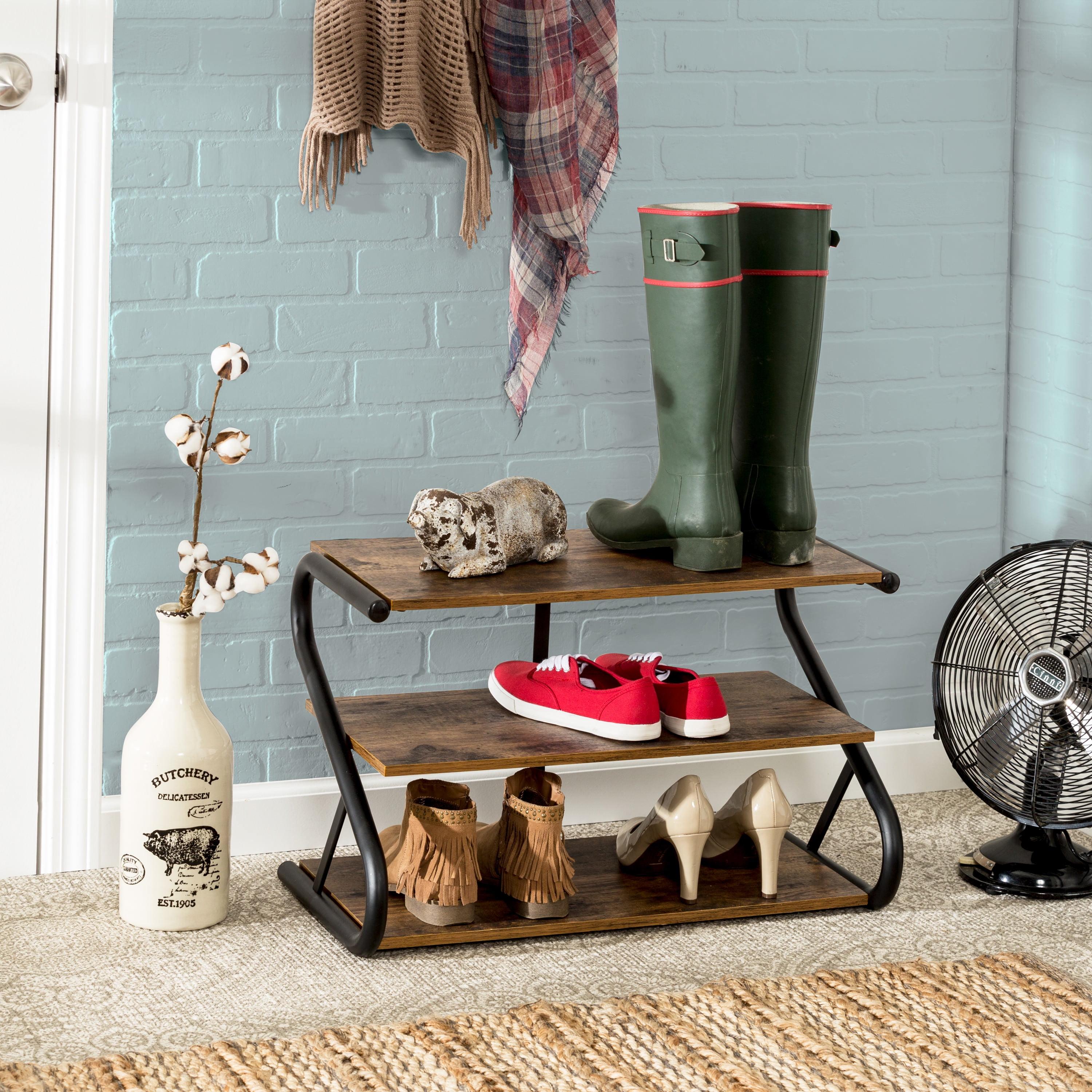 Matte Black Metal and Wood 3-Tier Shoe Rack