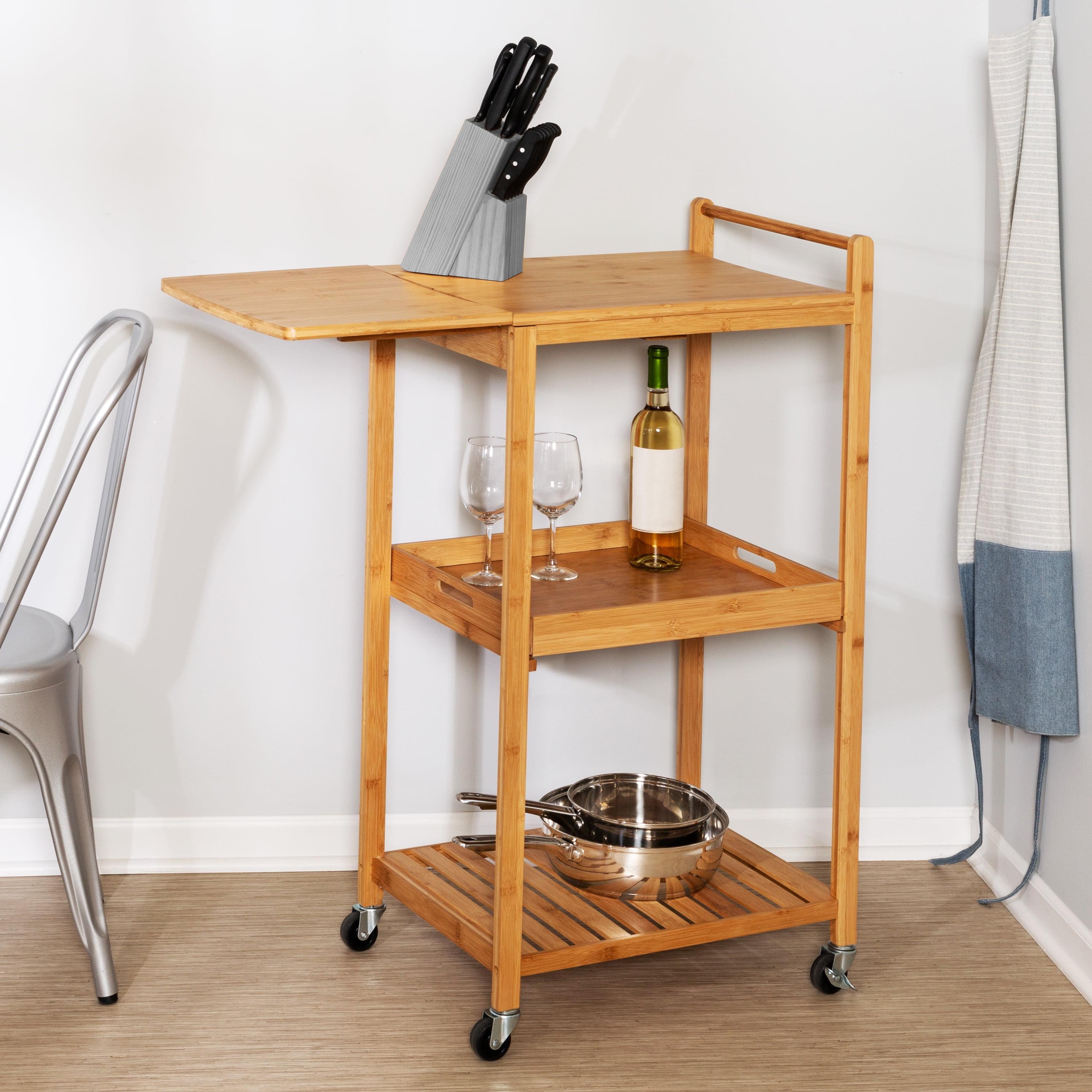 Compact Bamboo Drop-Leaf Kitchen Cart with Locking Casters and Storage