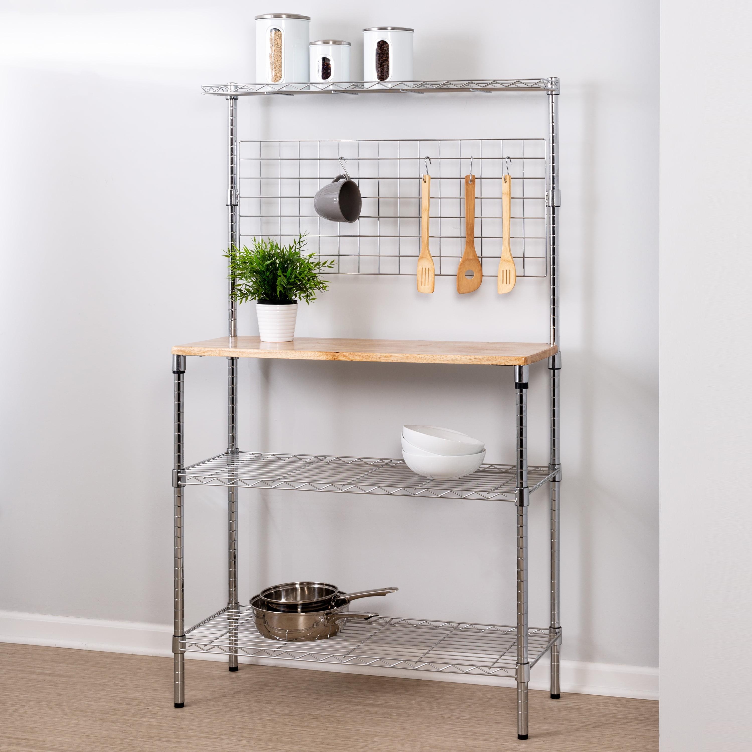 Elegant Silver 4-Shelf Adjustable Baker's Rack with Maple Cutting Board