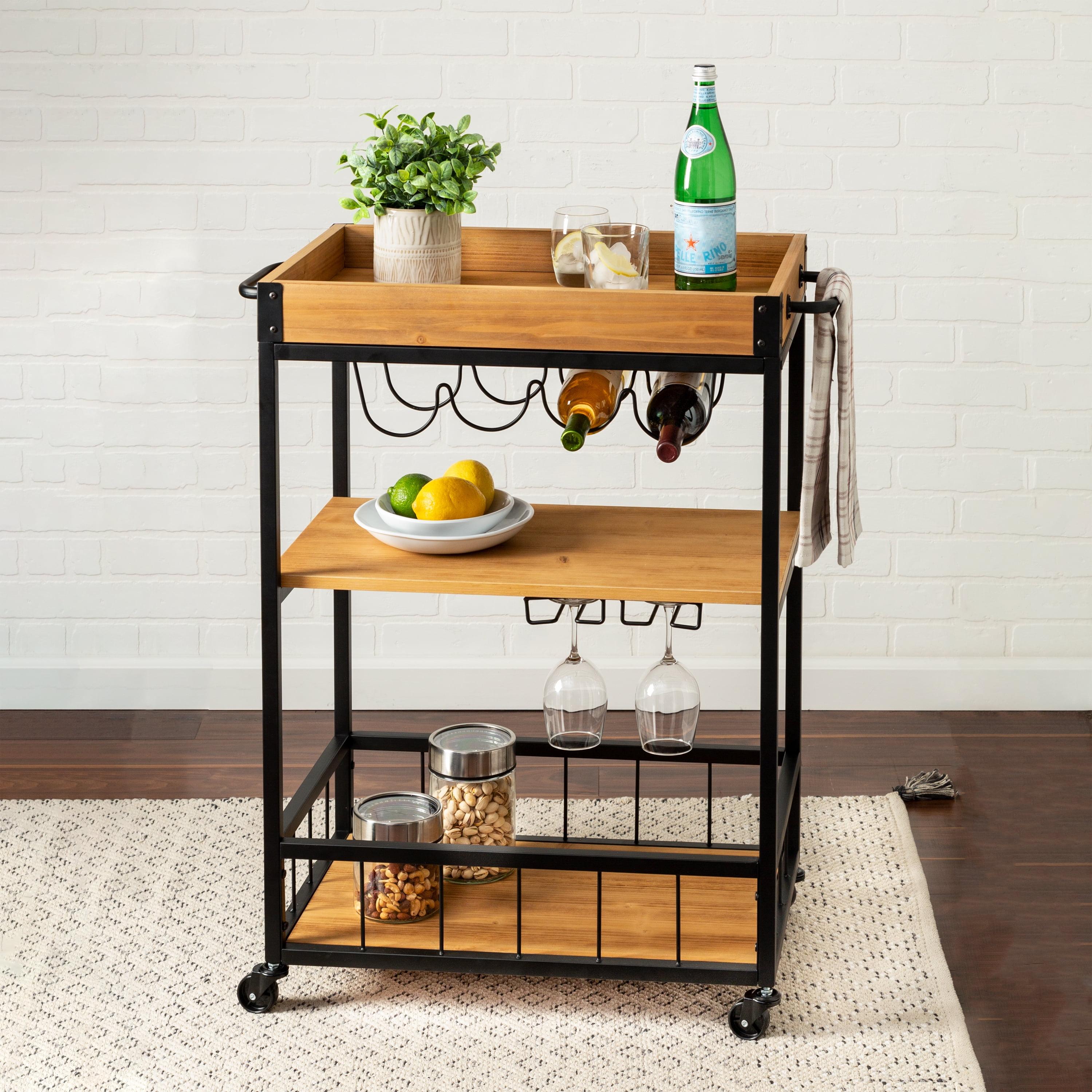 Rustic Fir & Dark Steel Rolling Bar Cart with Wine Storage