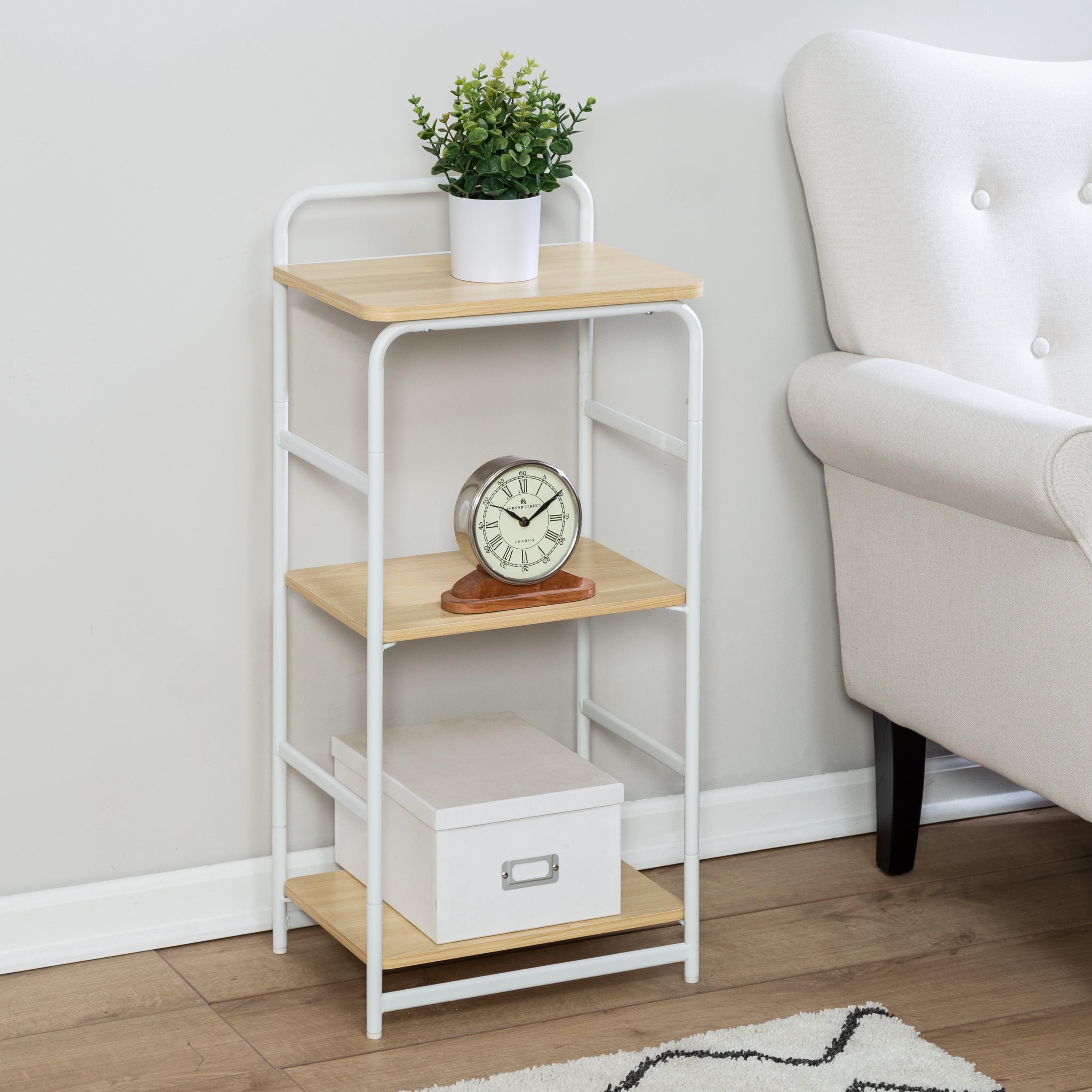 Compact White & Natural 3-Tier Steel and Wood Desk Shelf