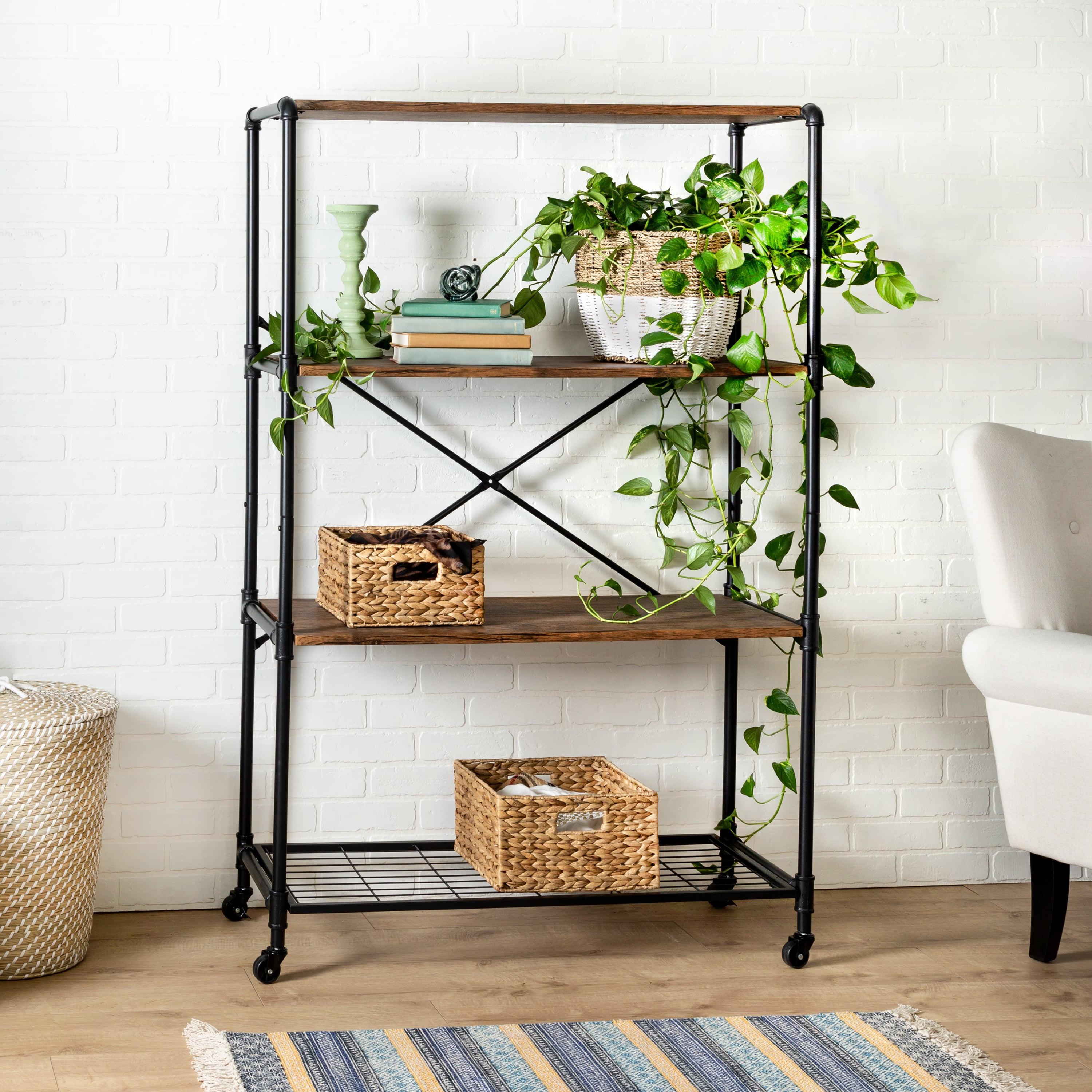 Black and Rustic Brown 4-Shelf Industrial Rolling Bookshelf