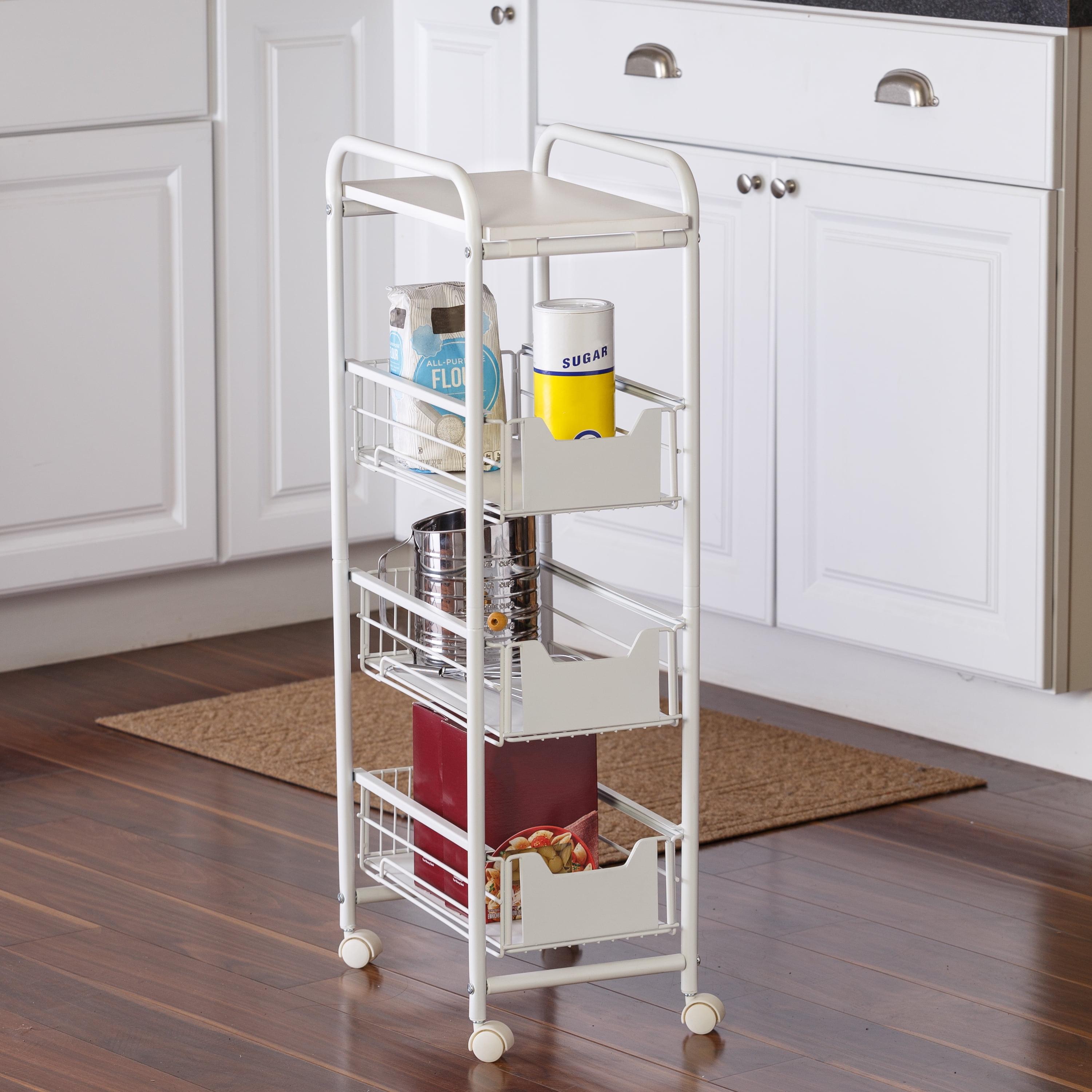 Slim White 4-Tier Rolling Cart with Pull-Out Baskets