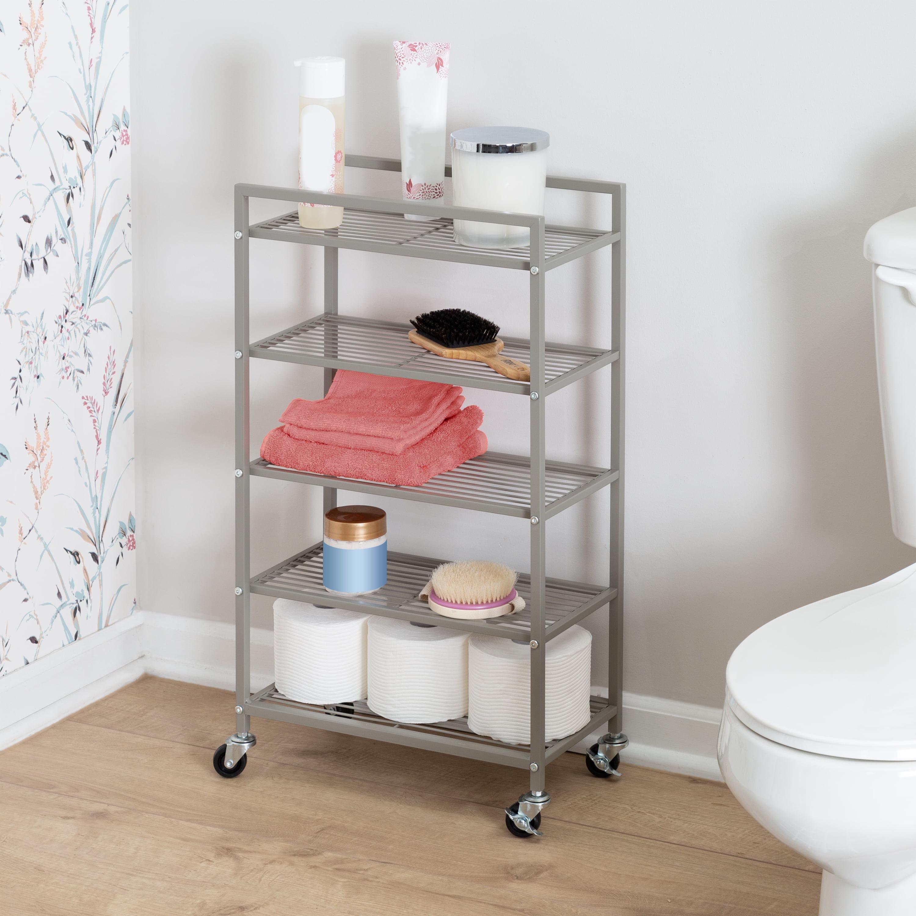 Honey-Can-Do 5-Tier Rolling Bathroom Steel Storage Cart Silver: Space-Saving Organizer, Fixed Shelves, with Anti-Tip Hardware