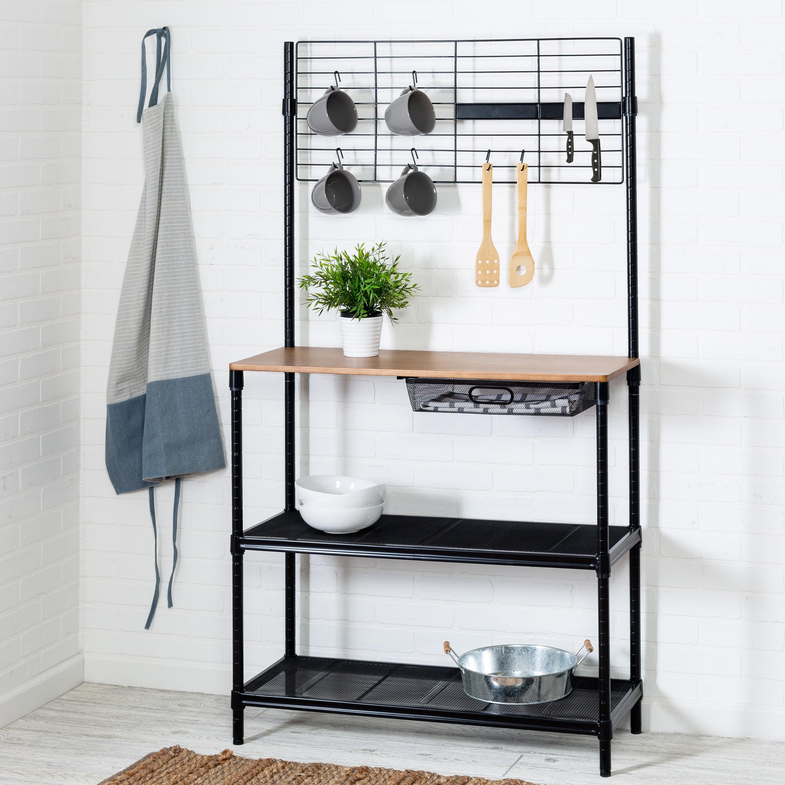 Modern Black Steel Kitchen Baker's Rack with Wood Cutting Board