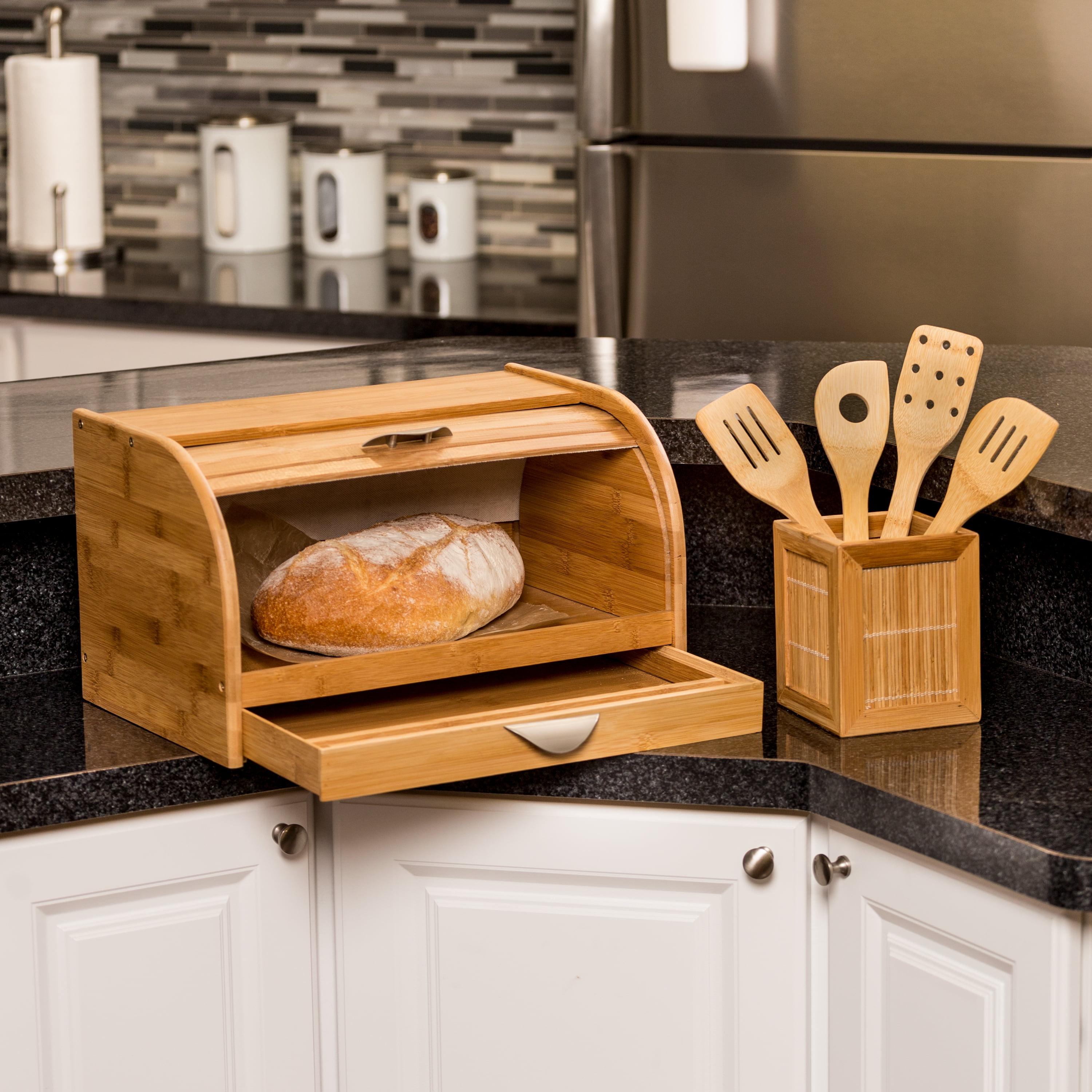 Natural Bamboo Roll-Top Bread Box with Drawer