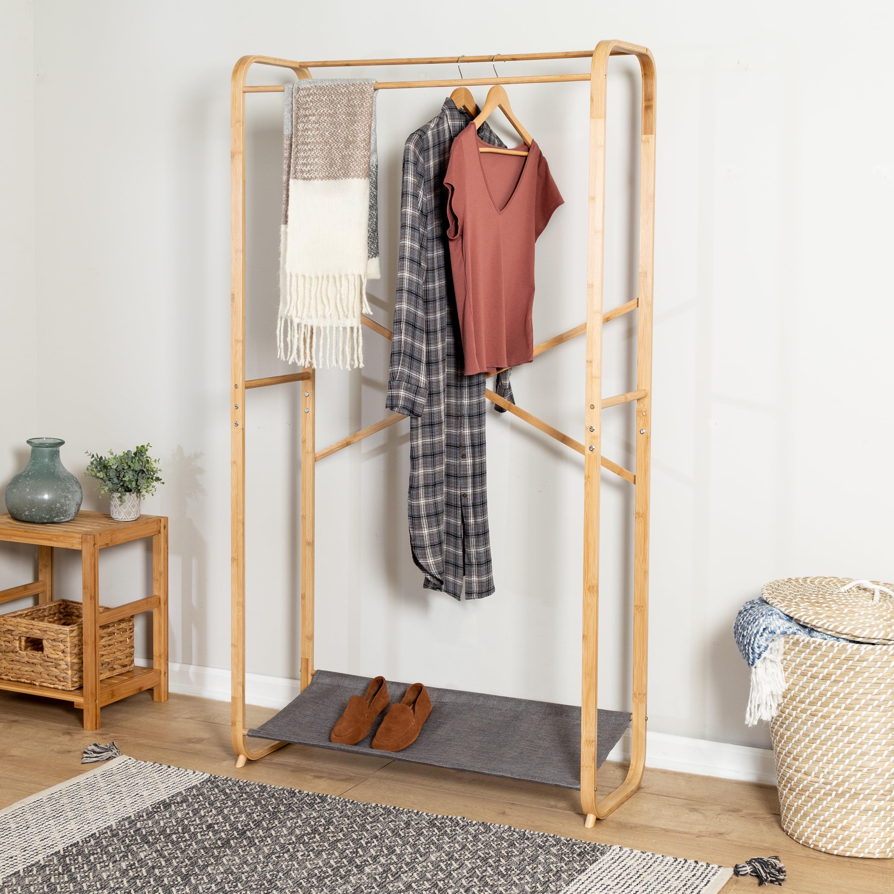 Natural Bamboo and Gray Fabric Portable Garment Rack