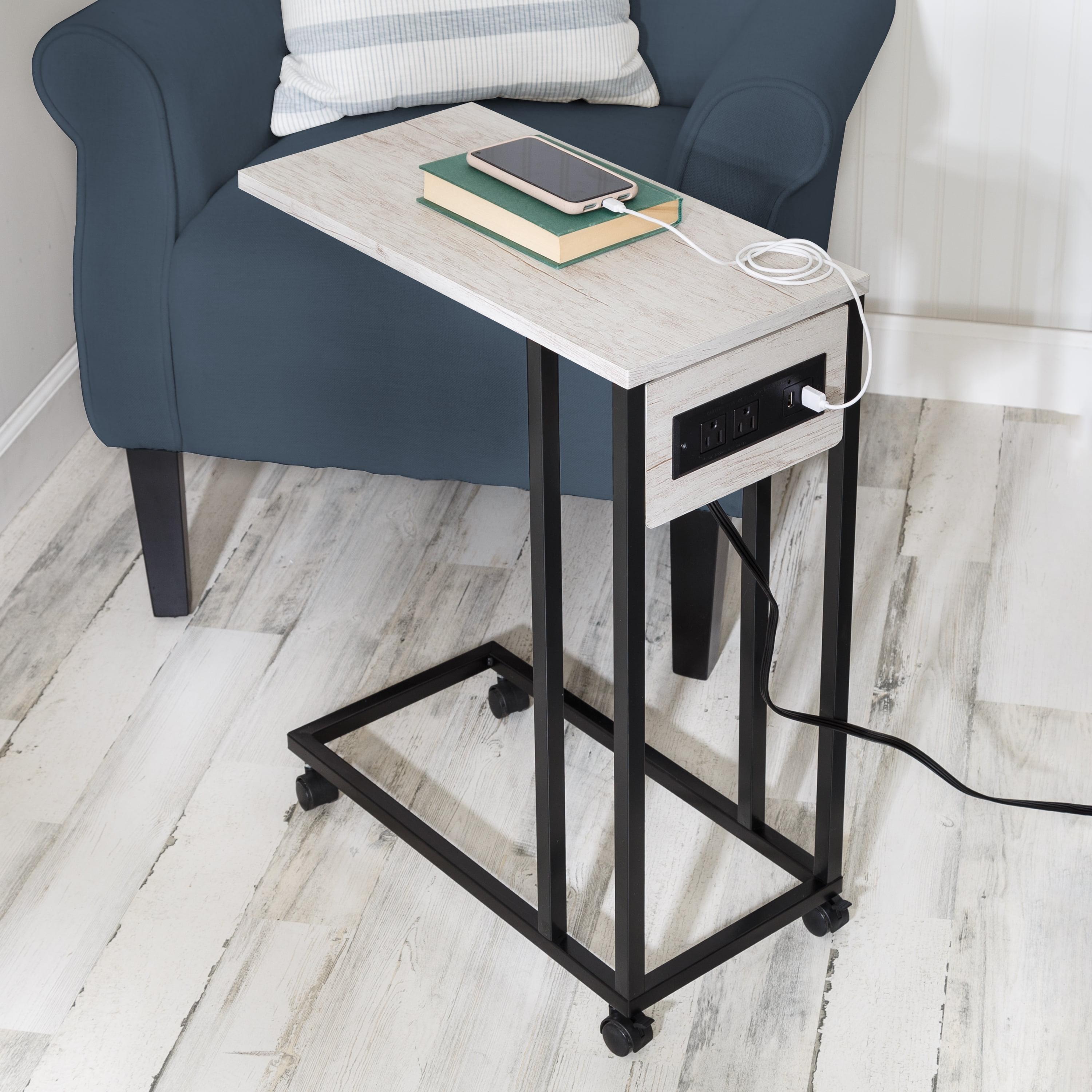 White Wood and Black Metal C-Shaped Side Table with Outlets