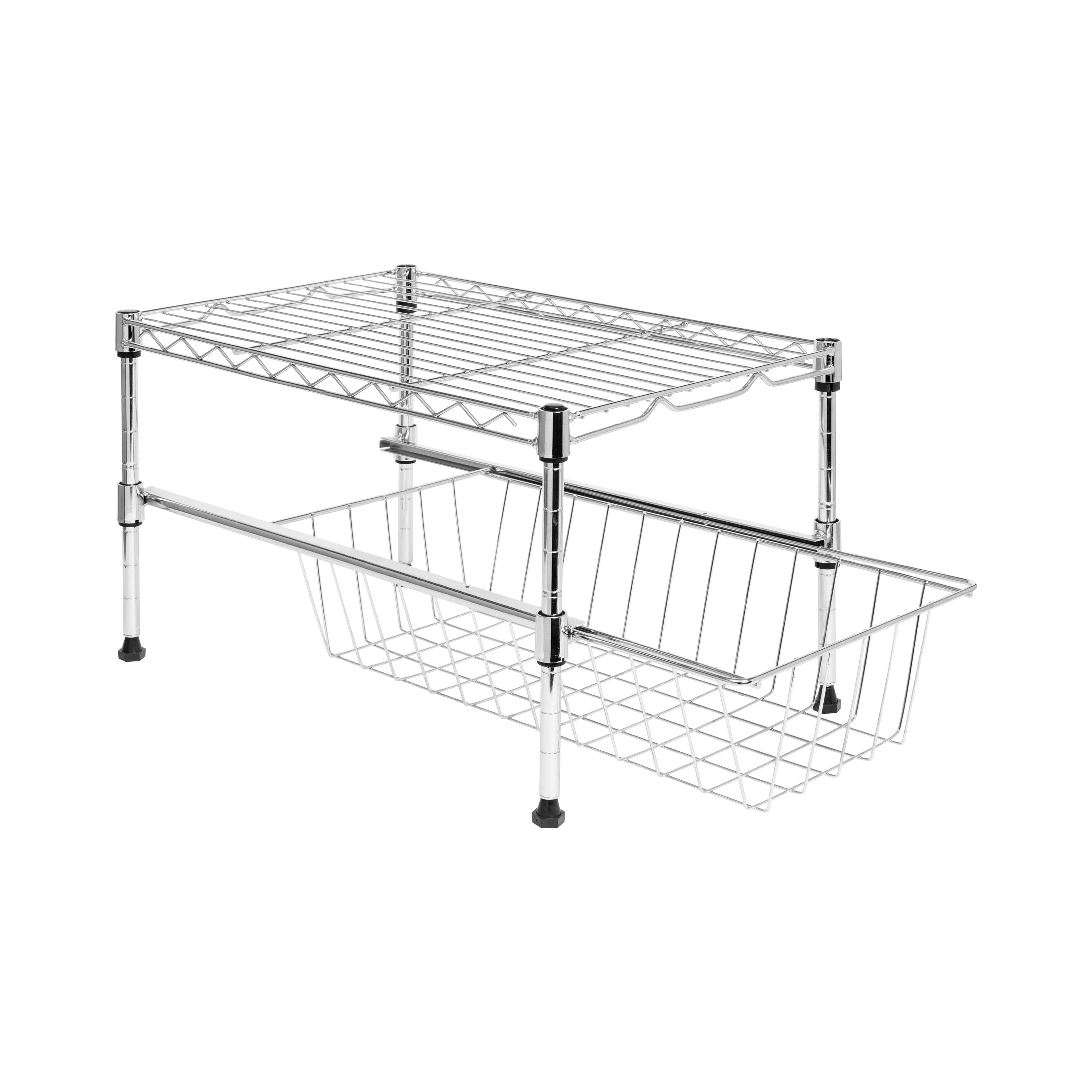 Chrome Adjustable Two-Tier Cabinet Organizer with Pull-Out Basket