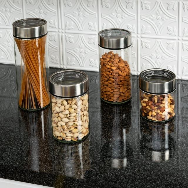 Honey-Can-Do 4pc Date Dial Jar Set: Glass Kitchen Storage Jars with Stainless Steel Lids, Clear, Food Container Set