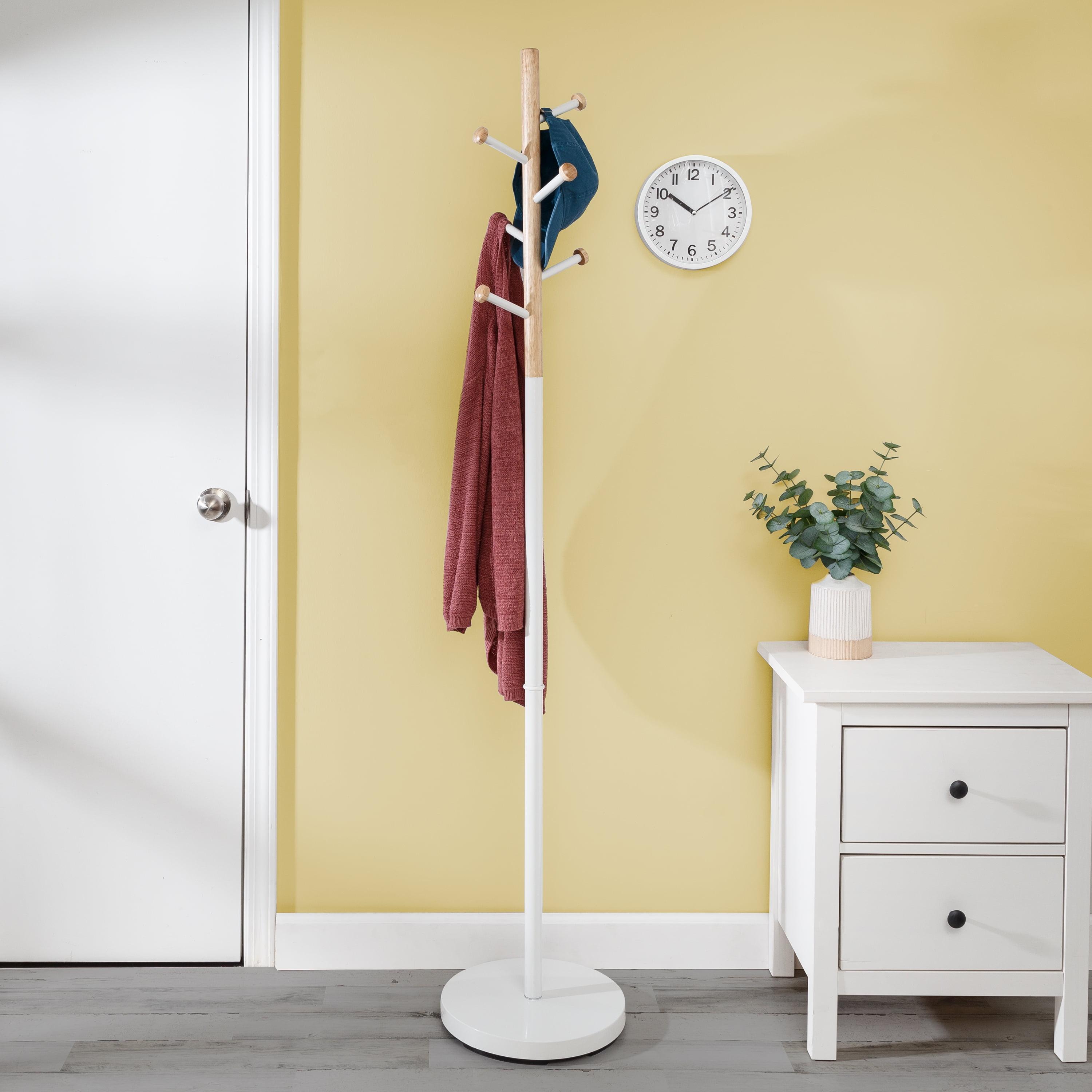 White and Natural Rubberwood Freestanding Coat Rack with 6 Hooks