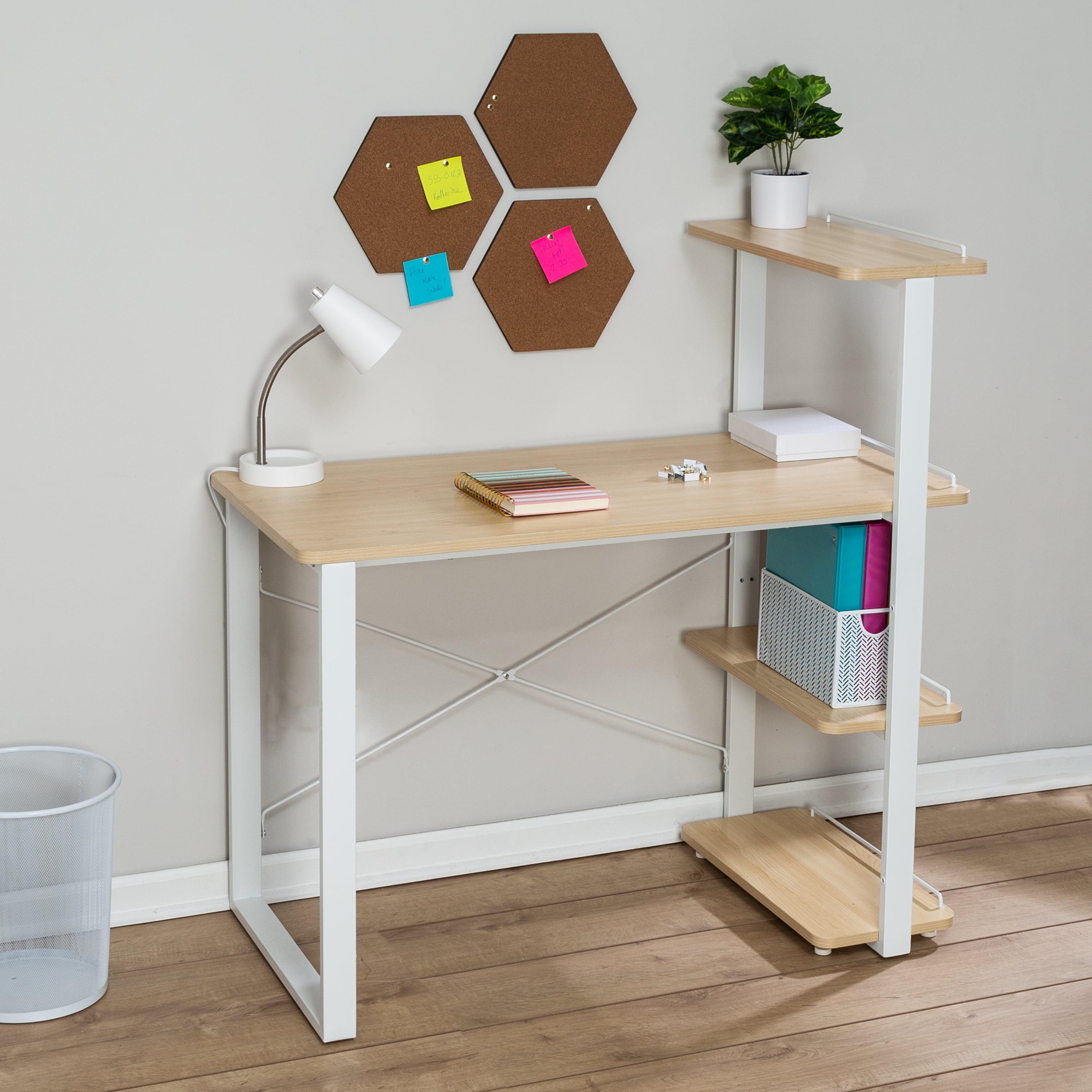 White Wood Home Office Desk with Adjustable Shelves