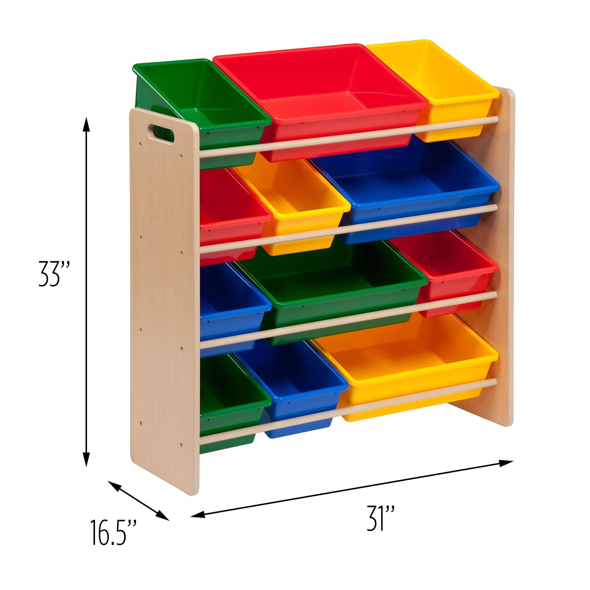 Natural Wood Kids Toy Organizer with 12 Colorful Plastic Bins