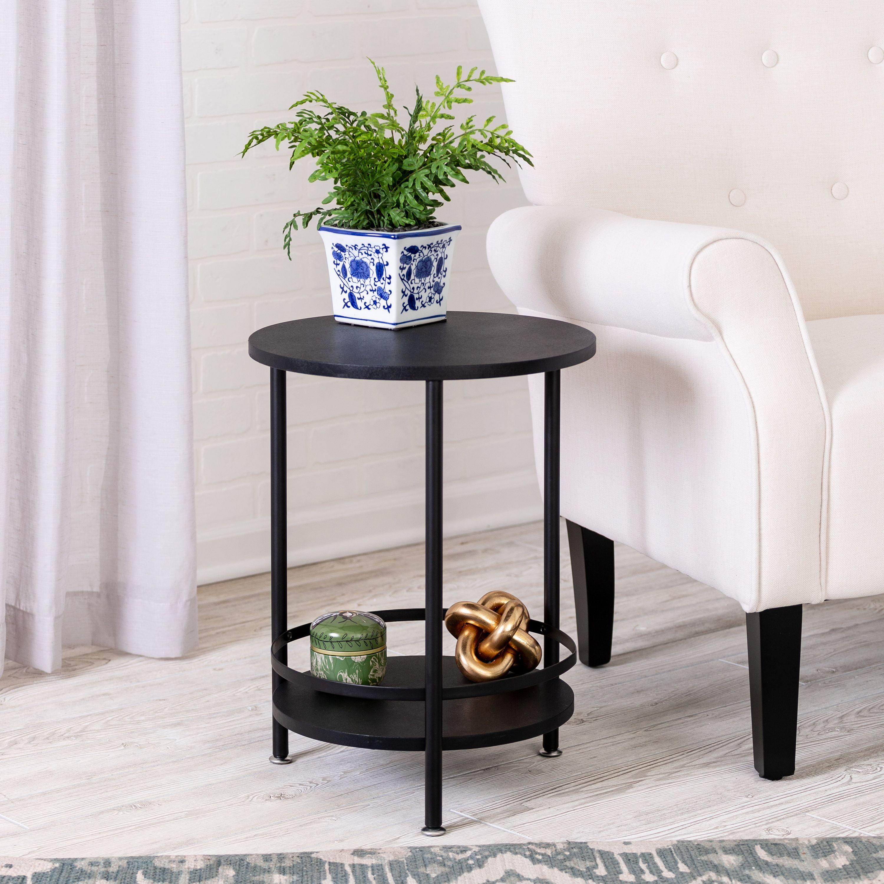 Black Steel and Wood 2-Tier Round Side Table