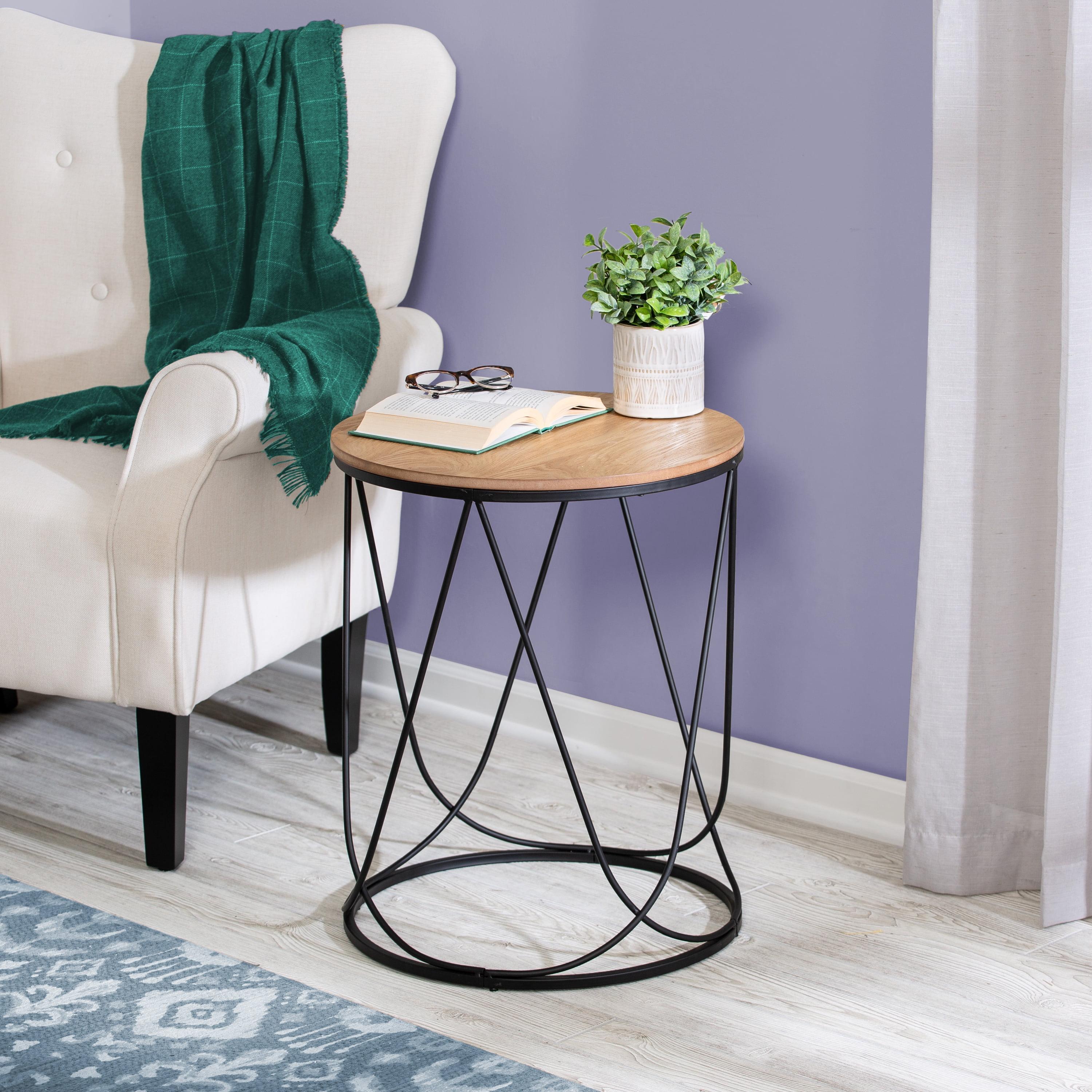 Petite Round Light Wood and Black Steel Accent Table