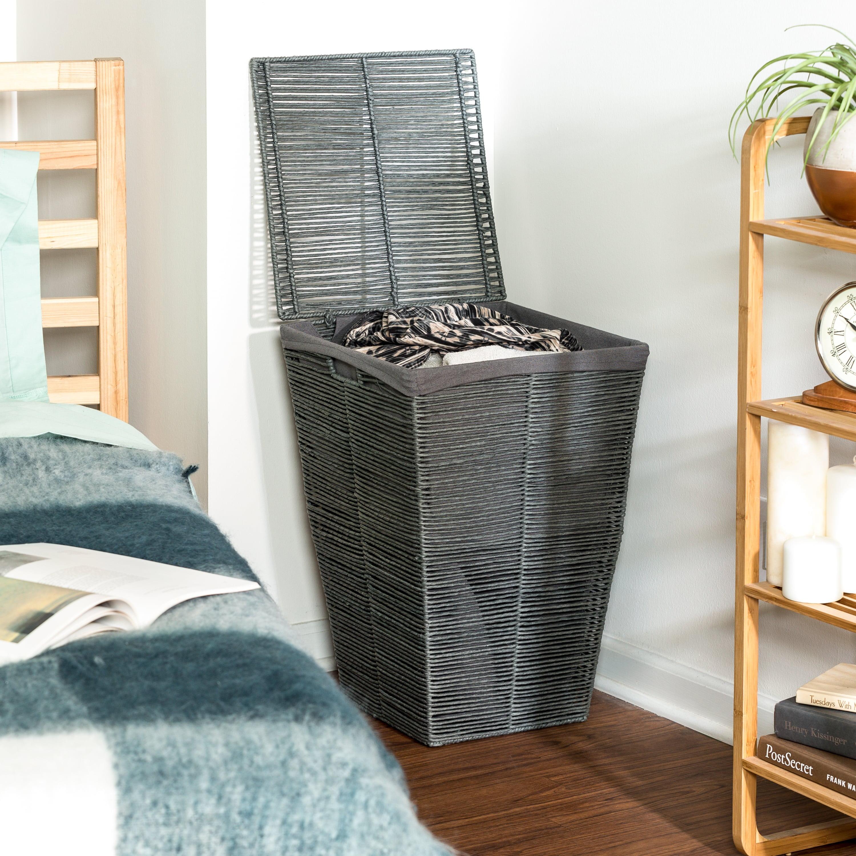 Gray Wicker Laundry Hamper with Lid and Cotton Liner