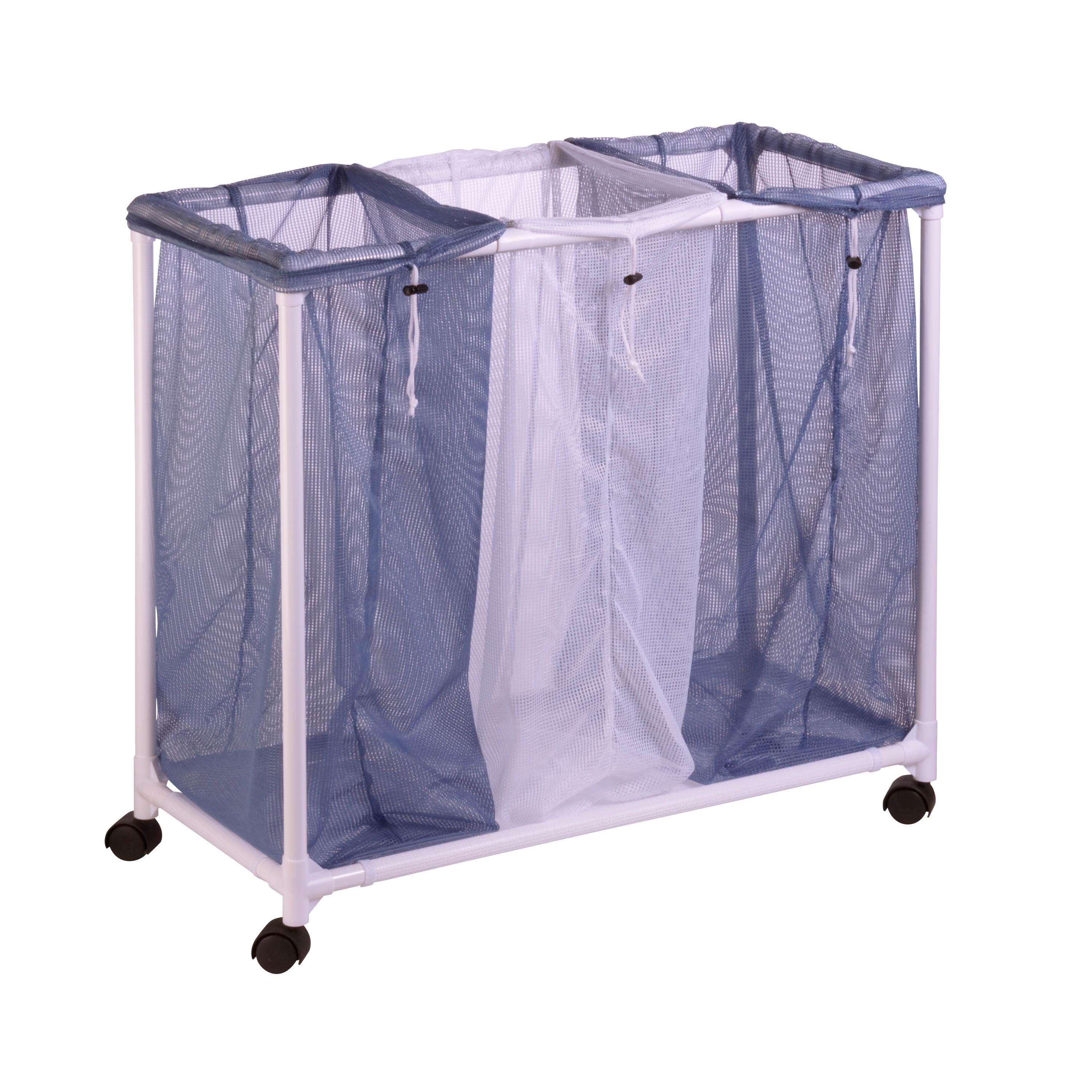 Blue and White 3-Bin Mesh Laundry Sorter with Wheels