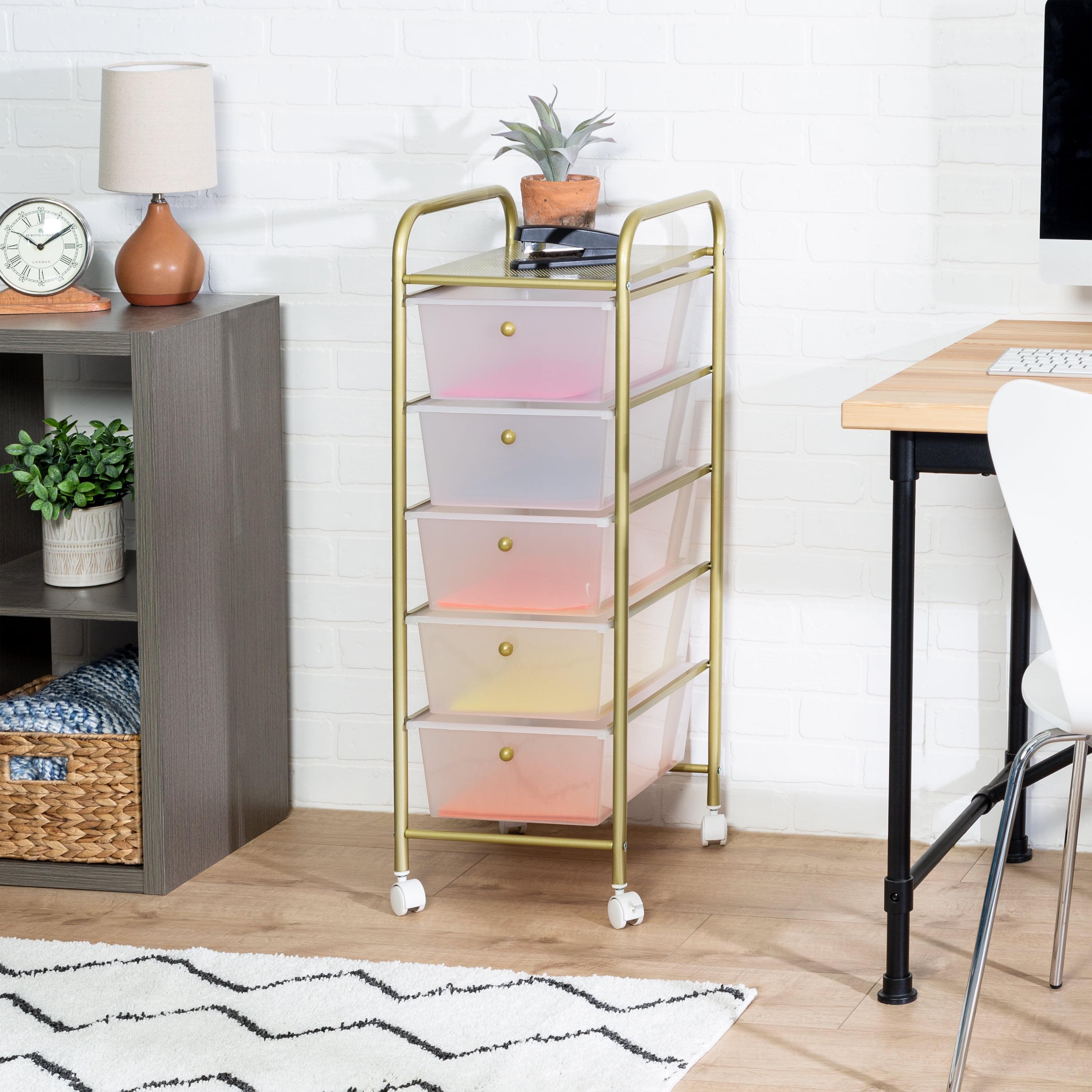 Gold 5-Drawer Plastic Rolling Storage Cart with Lockable Casters