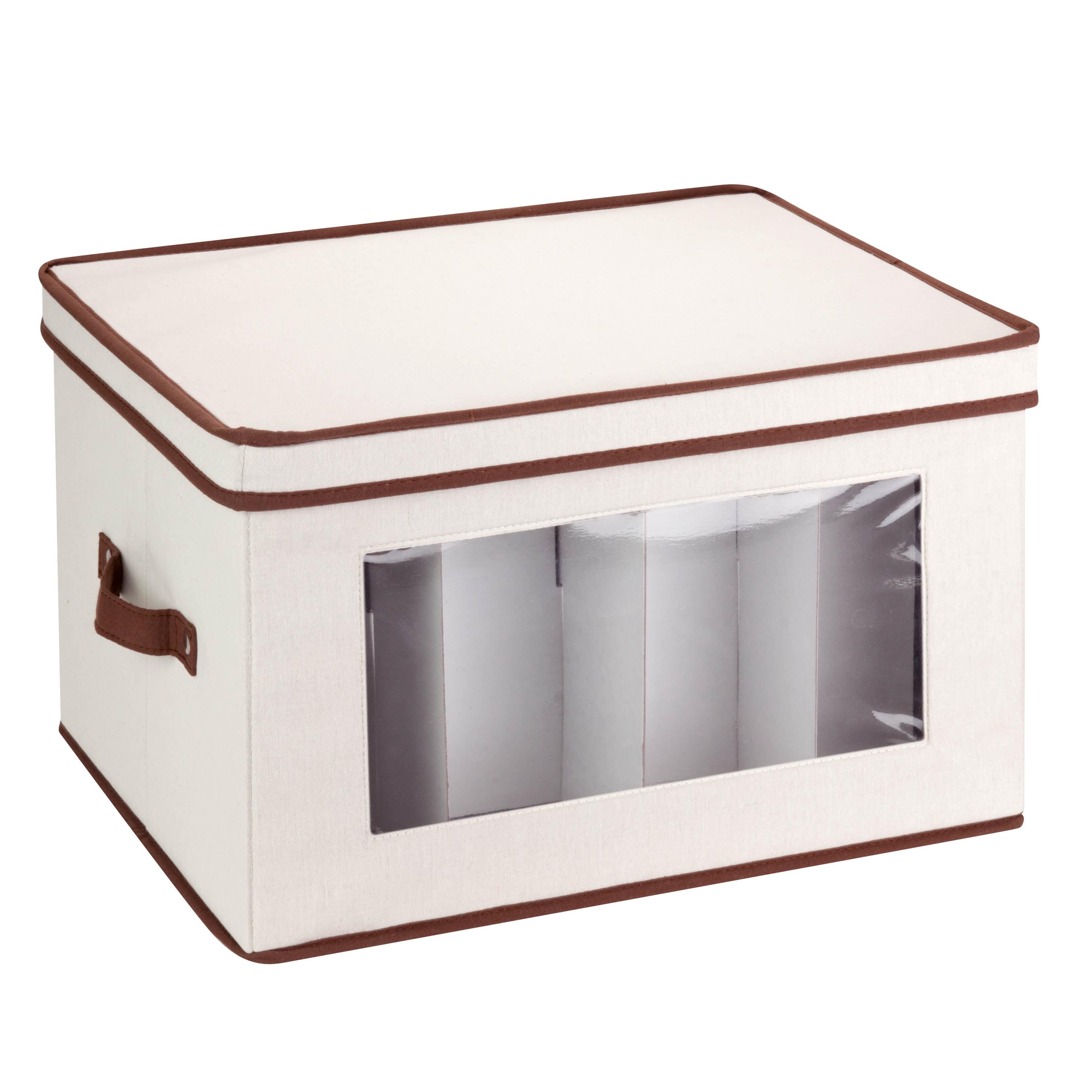 Honey-Can-Do Polyester Glassware Storage Box with Window and Removable Dividers, Natural