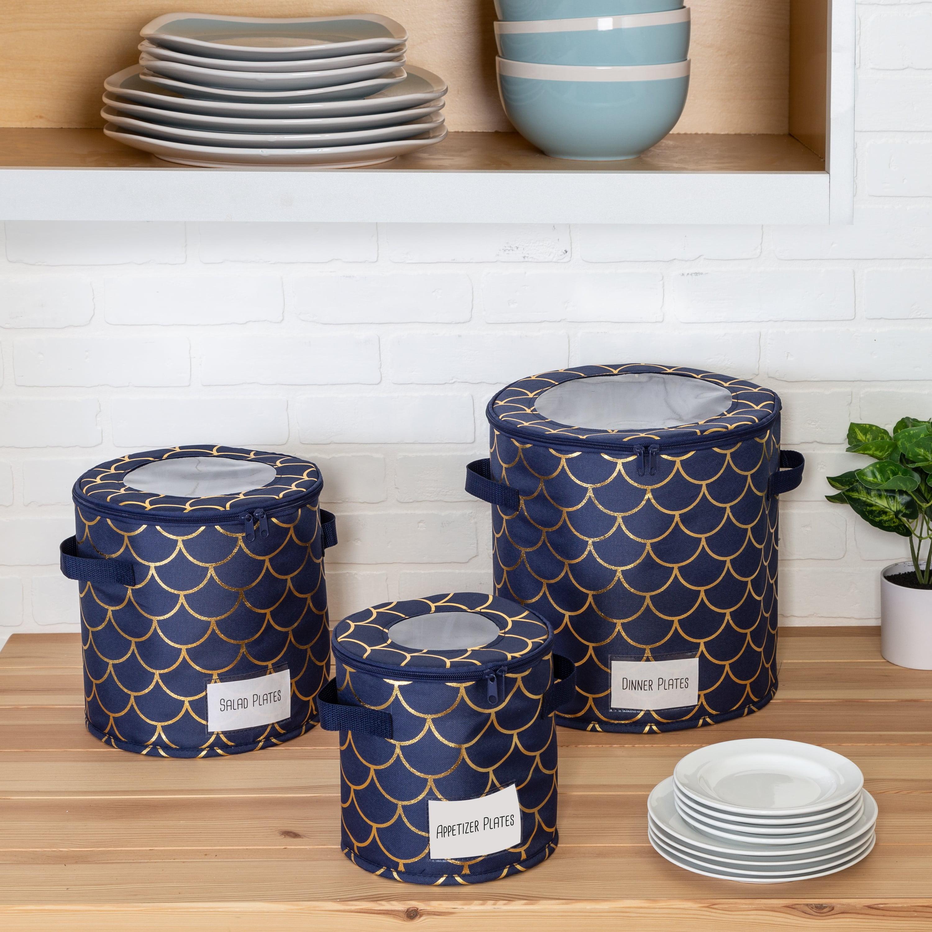 Navy and Gold Polyester Dinnerware Storage Box Set with Handles