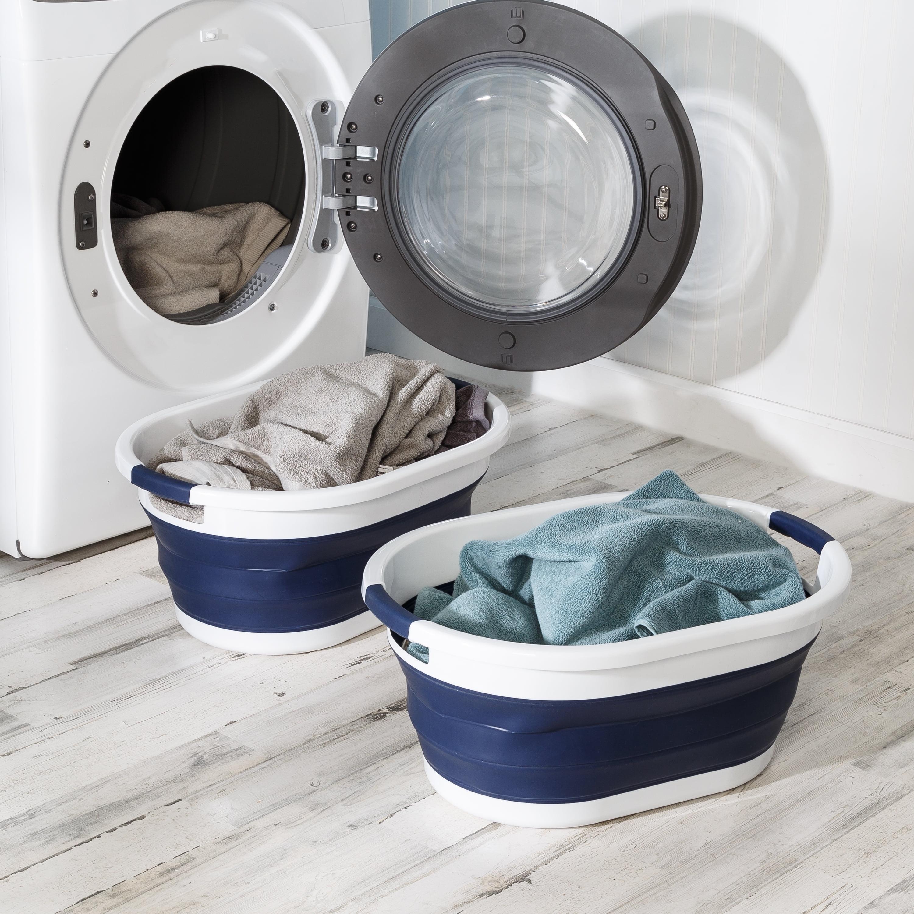 Navy Blue and White Collapsible Rubber Laundry Hampers, Set of 2