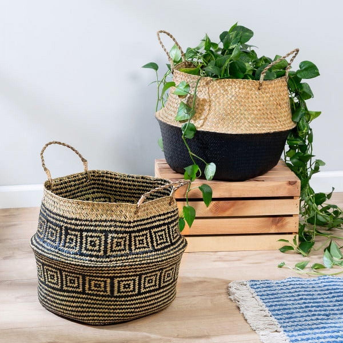 Modern Round Seagrass Folding Storage Baskets, Black & Natural