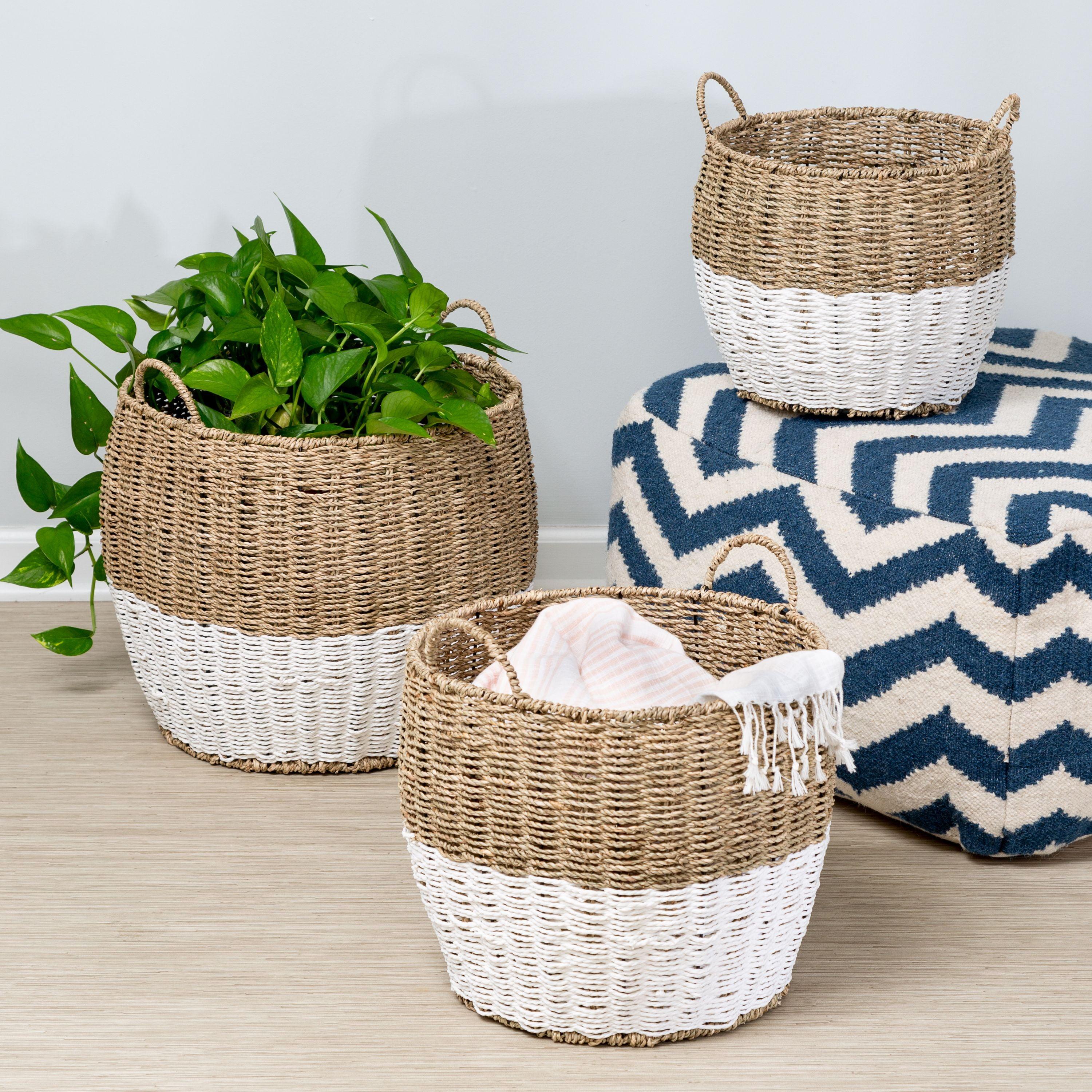 Coastal Charm 3-Piece Round Seagrass Storage Basket Set in Natural & White