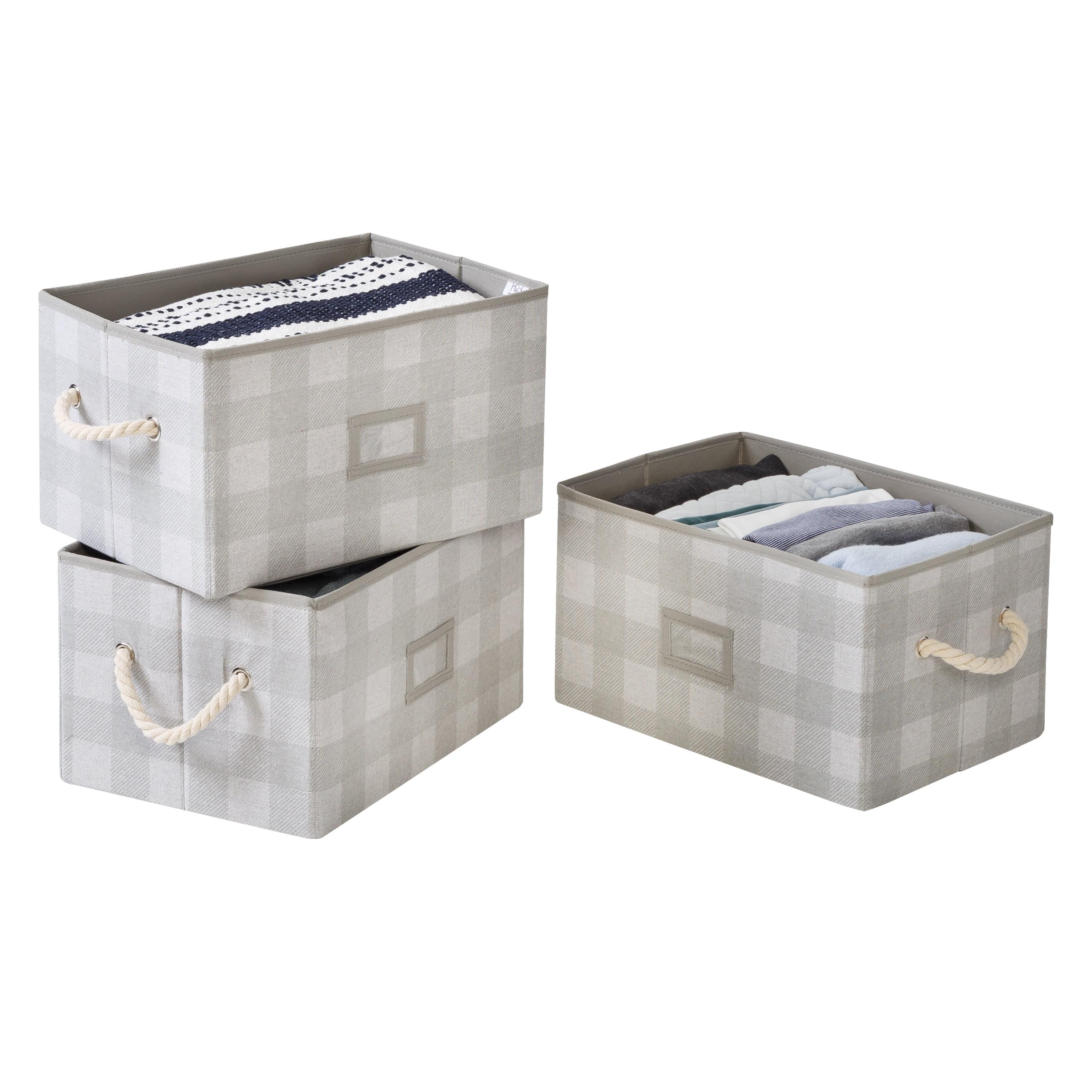 Honey-Can-Do Set of 3 Folding Fabric Storage Bins with Handles, Gray Plaid