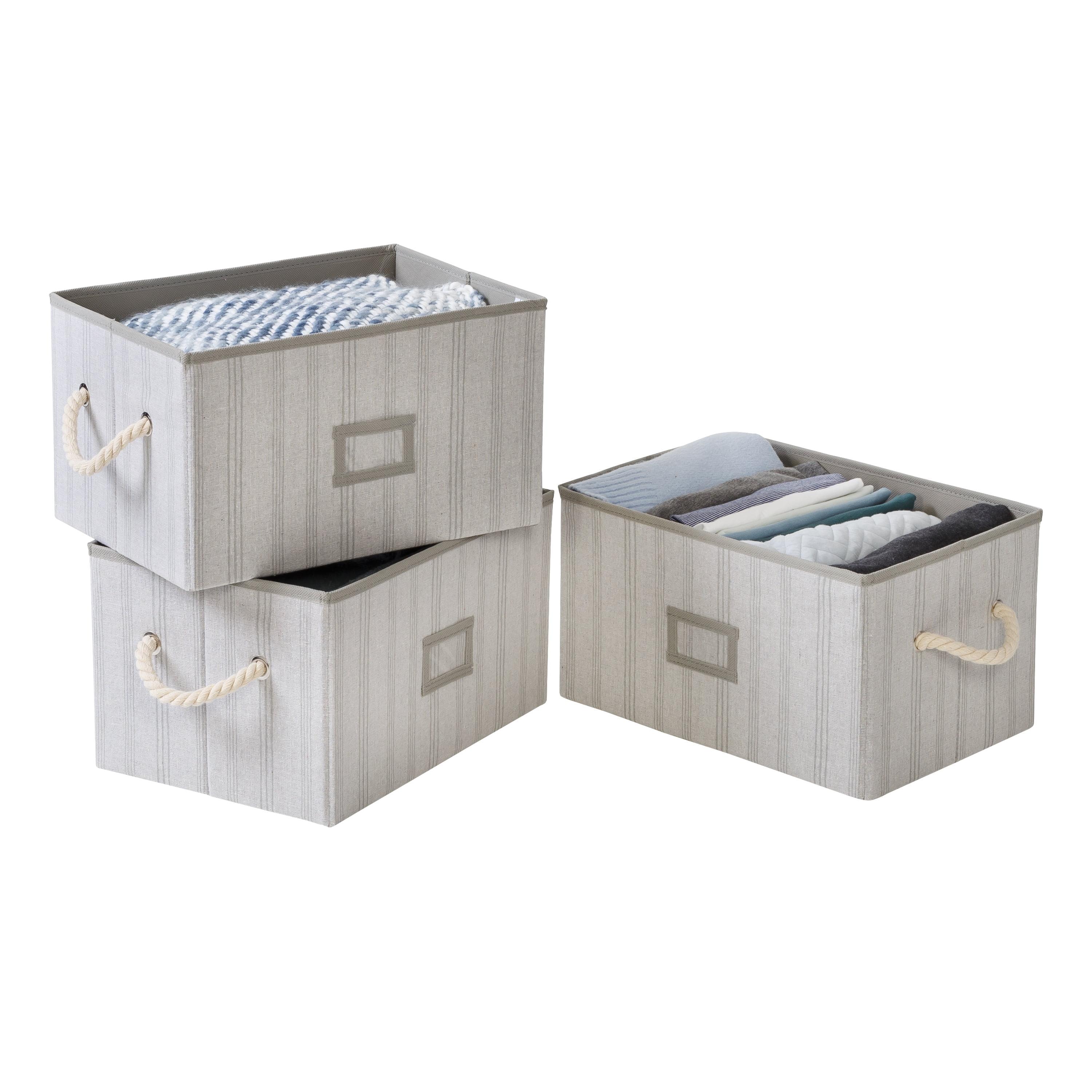 Set of 3 Large Gray Striped Fabric Storage Bins with Cotton Rope Handles